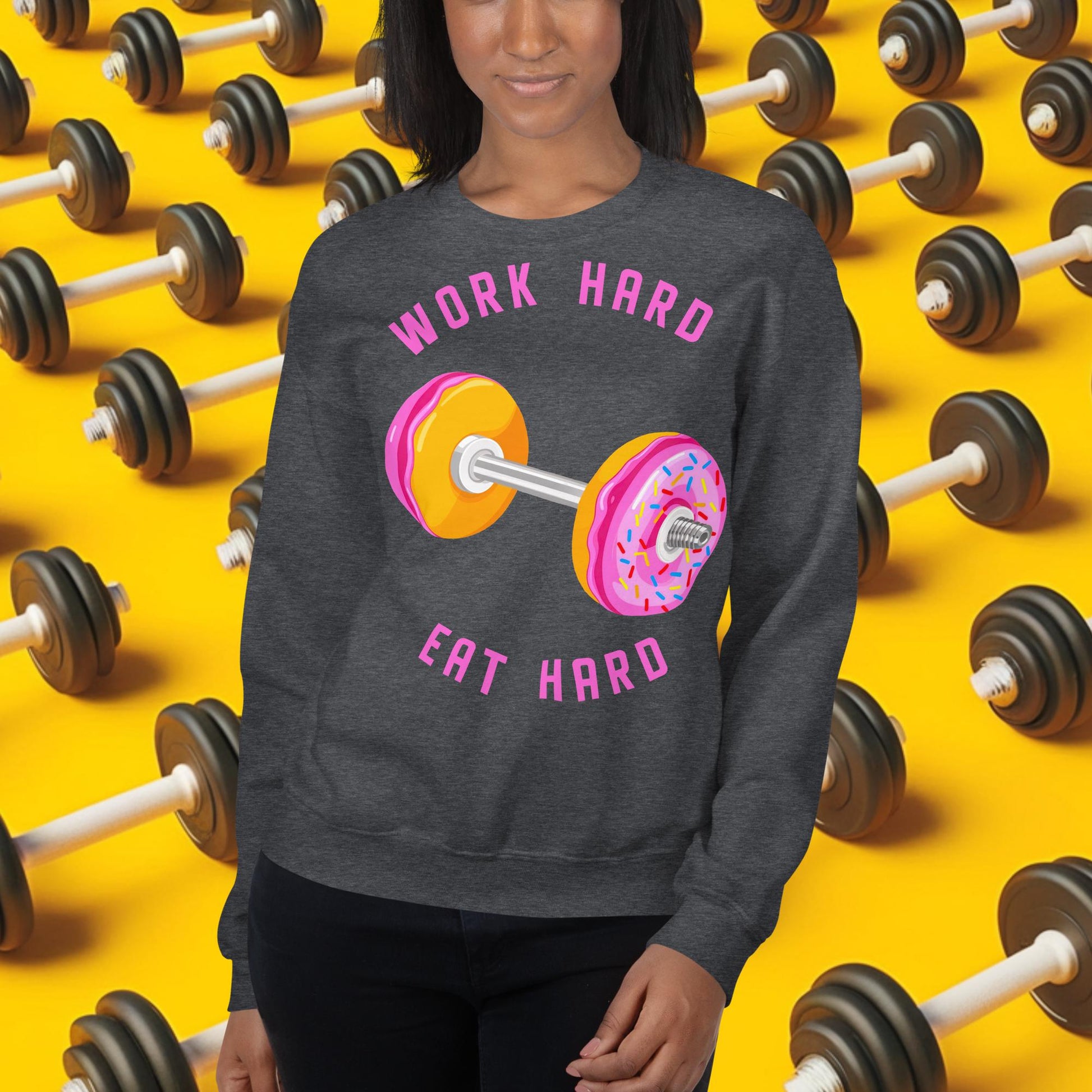 Work Hard Eat Hard Donut Dumbbell Donuts Barbell Funny Bulk Diet Gym Workout Fitness Bodybuilding Unisex Sweatshirt Next Cult Brand