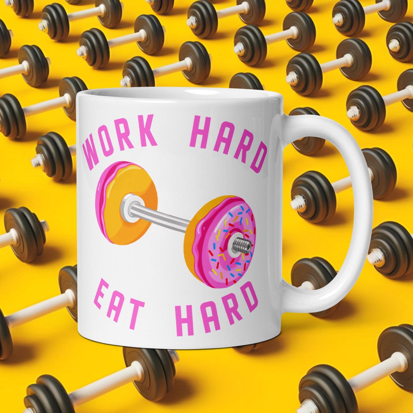 Work Hard Eat Hard Donut Dumbbell Donuts Barbell Funny Bulk Diet Gym Workout Fitness Bodybuilding White glossy mug Next Cult Brand