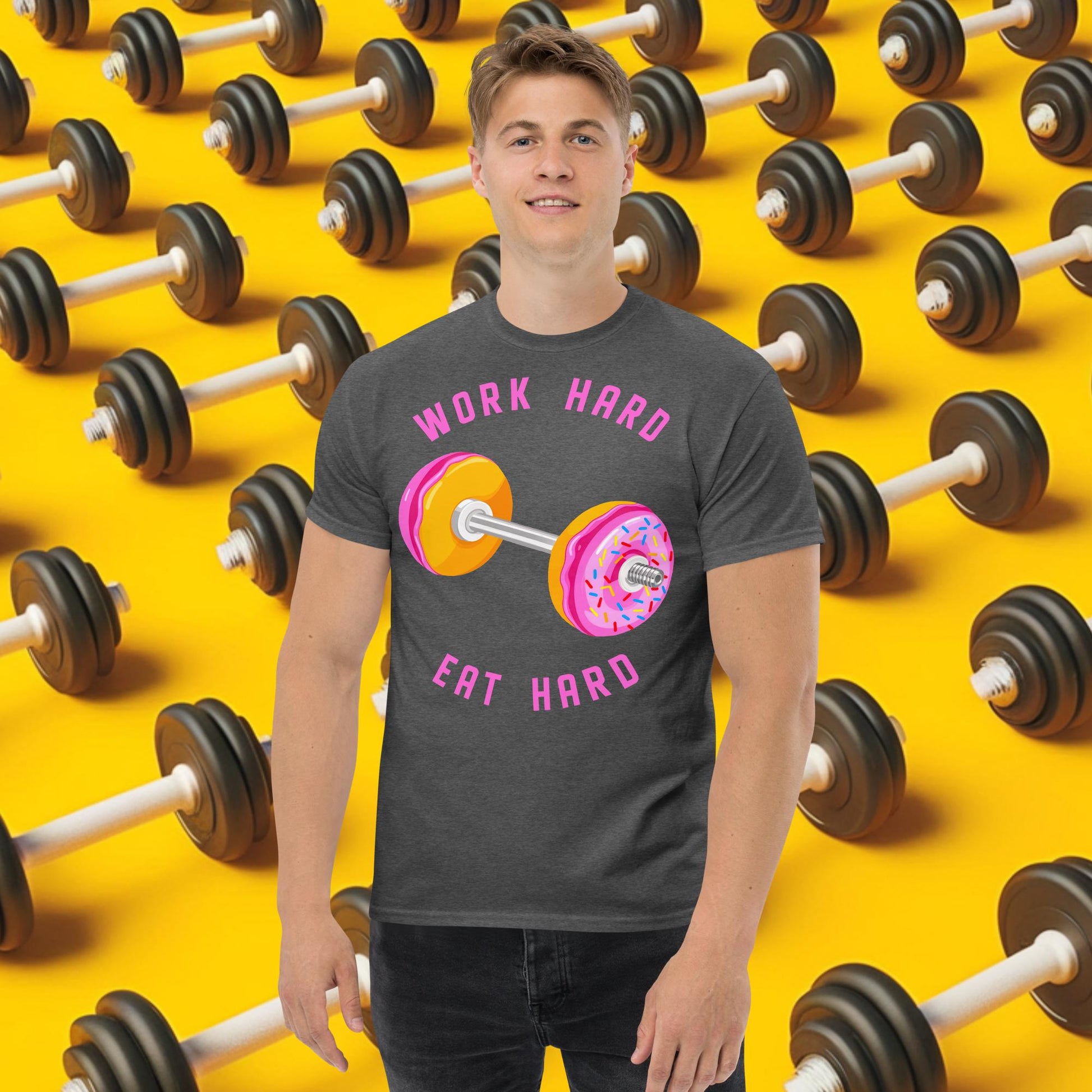 Work Hard Eat Hard Donut Dumbbell Donuts Barbell Funny Bulk Diet Gym Workout Fitness Bodybuilding tee Dark Heather T-shirts Bodybuilding Bulking Donuts Fast Food Fitness Gym Workout Next Cult Brand