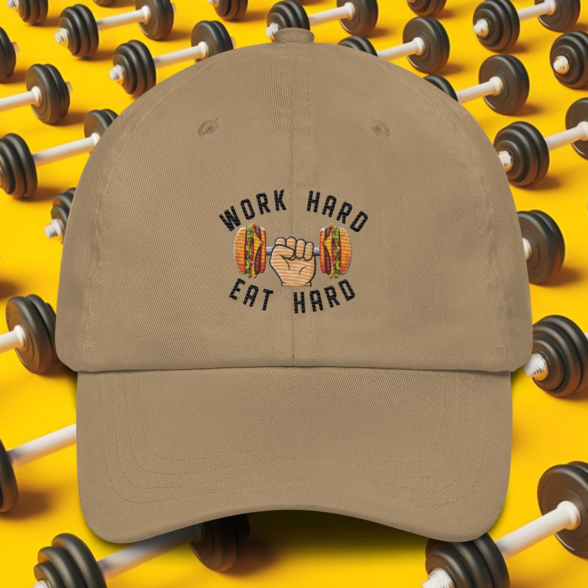 Work Hard Eat Hard Funny Bulk Diet Gym Workout Fitness Bodybuilding Dad hat Khaki Hats Bodybuilding Bulking Burgers Fast Food Fitness Gym Workout Next Cult Brand