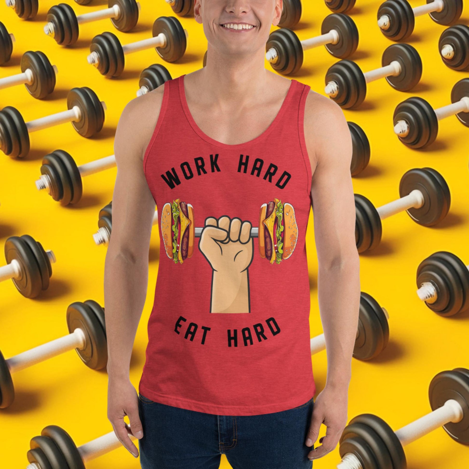 Work Hard Eat Hard Funny Bulk Diet Gym Workout Fitness Bodybuilding Tank Top Red Triblend Tank Tops Bodybuilding Bulking Burgers Fast Food Fitness Gym Workout Next Cult Brand