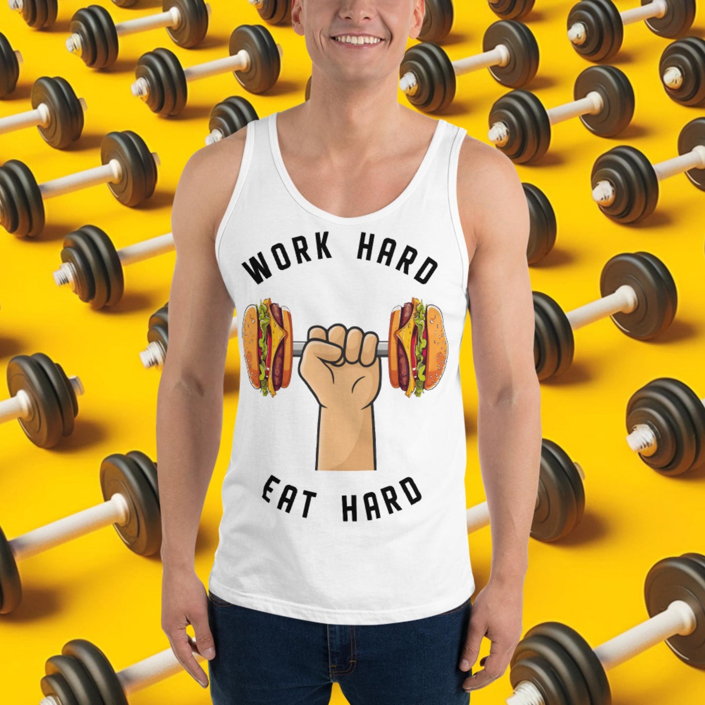 Work Hard Eat Hard Funny Bulk Diet Gym Workout Fitness Bodybuilding Tank Top White Tank Tops Bodybuilding Bulking Burgers Fast Food Fitness Gym Workout Next Cult Brand