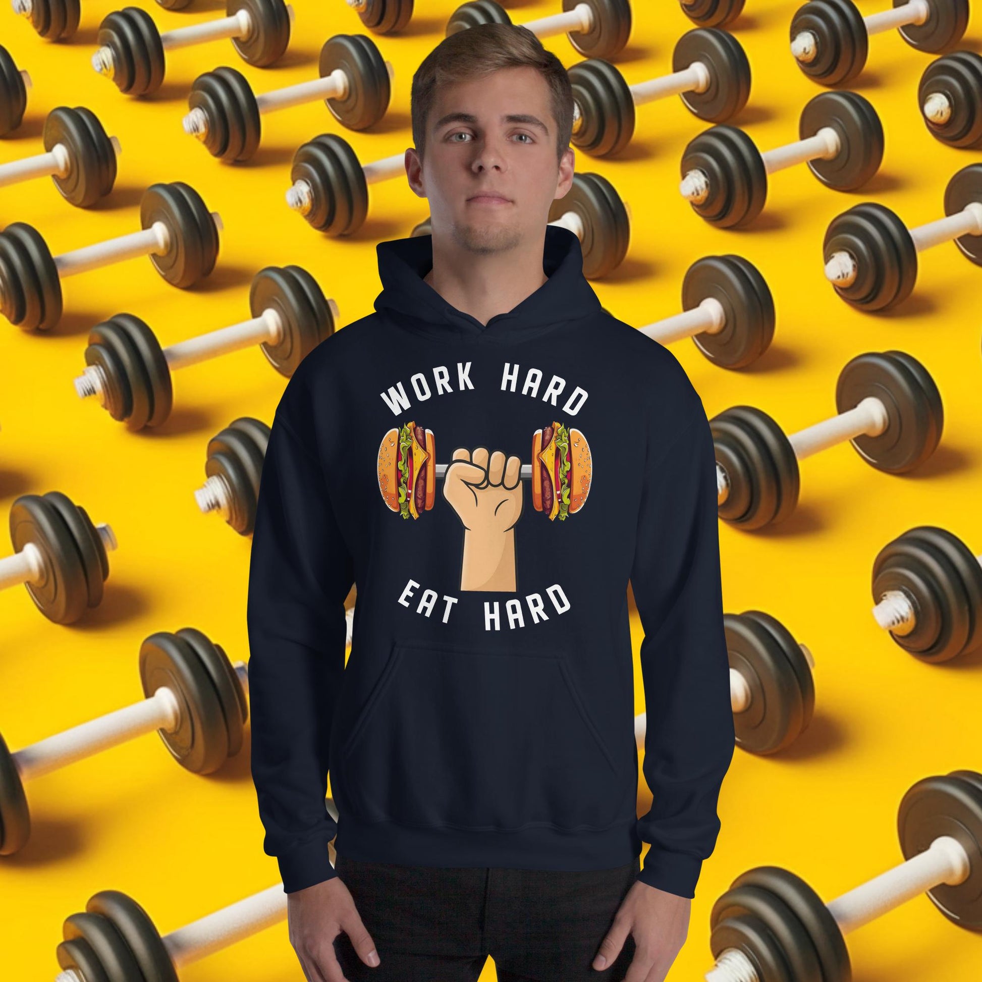 Work Hard Eat Hard Funny Bulk Diet Gym Workout Fitness Bodybuilding Unisex Hoodie Navy Hoodies Bodybuilding Bulking Burgers Fast Food Fitness Gym Workout Next Cult Brand