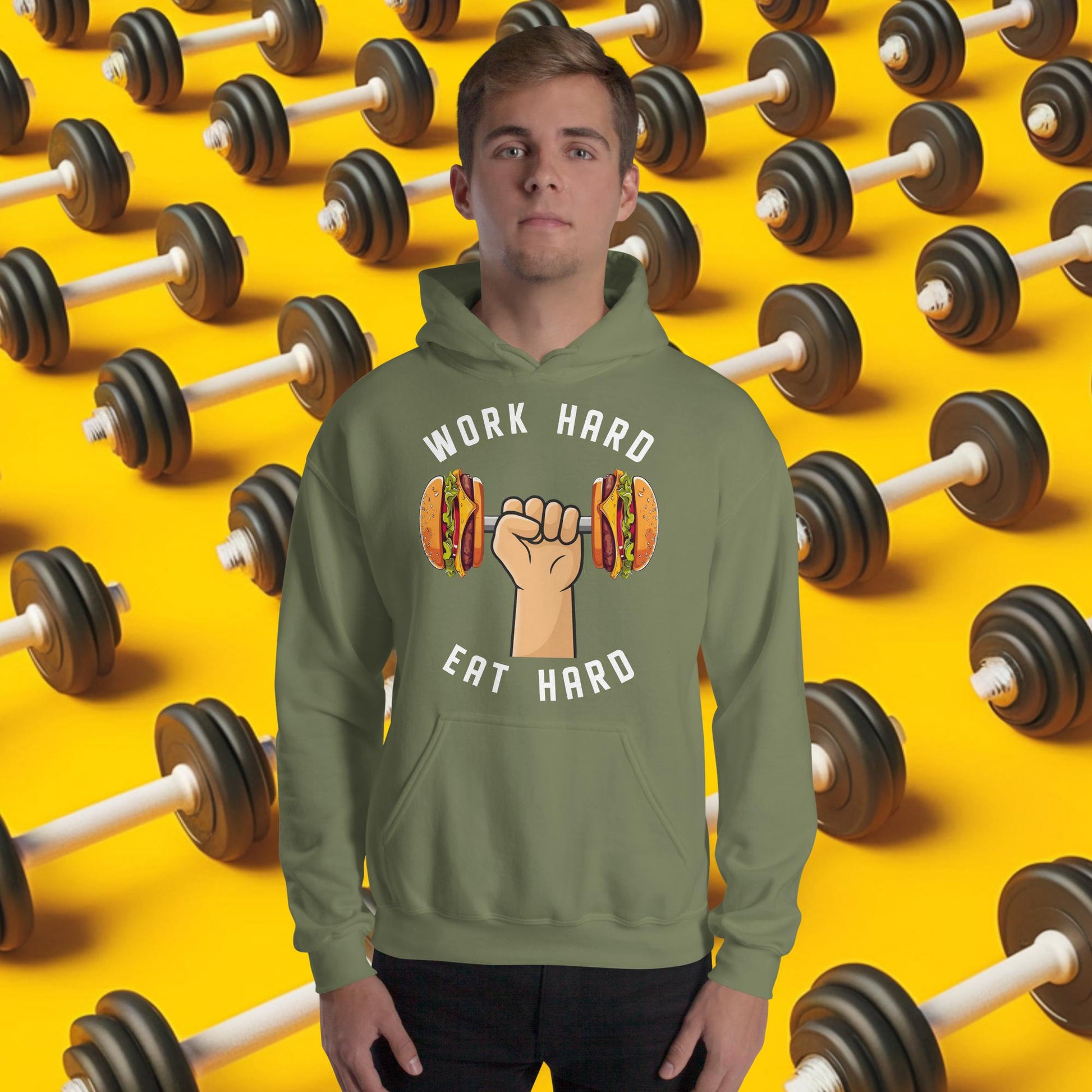 Work Hard Eat Hard Funny Bulk Diet Gym Workout Fitness Bodybuilding Unisex Hoodie Military Green Hoodies Bodybuilding Bulking Burgers Fast Food Fitness Gym Workout Next Cult Brand