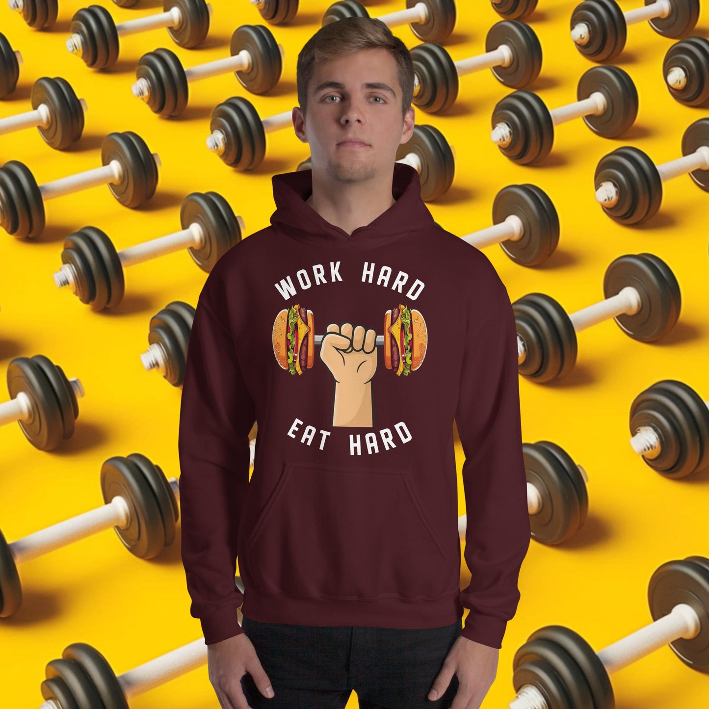 Work Hard Eat Hard Funny Bulk Diet Gym Workout Fitness Bodybuilding Unisex Hoodie Maroon Hoodies Bodybuilding Bulking Burgers Fast Food Fitness Gym Workout Next Cult Brand