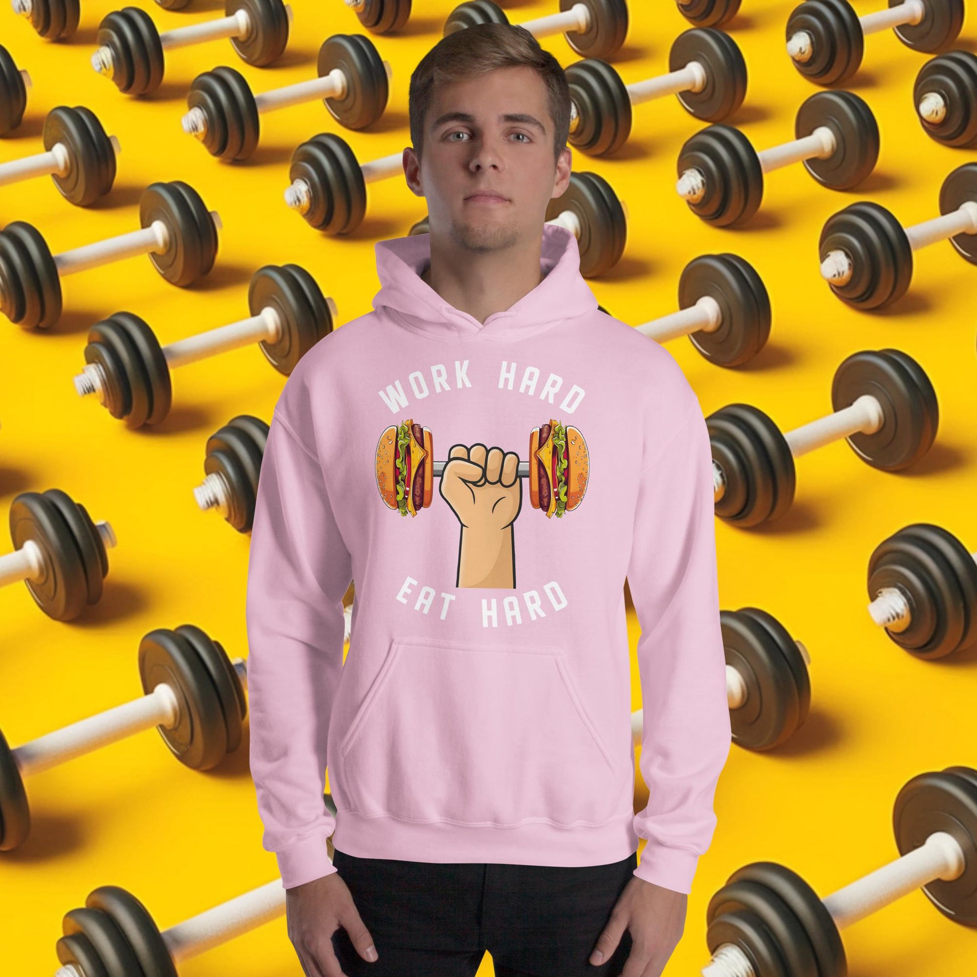 Work Hard Eat Hard Funny Bulk Diet Gym Workout Fitness Bodybuilding Unisex Hoodie Light Pink Hoodies Bodybuilding Bulking Burgers Fast Food Fitness Gym Workout Next Cult Brand