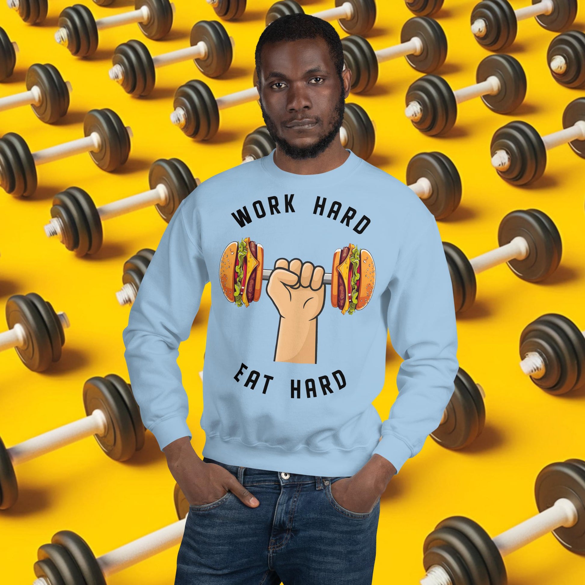 Work Hard Eat Hard Funny Bulk Diet Gym Workout Fitness Bodybuilding Unisex Sweatshirt Light Blue Sweatshirts Bodybuilding Bulking Burgers Fast Food Fitness Gym Workout Next Cult Brand