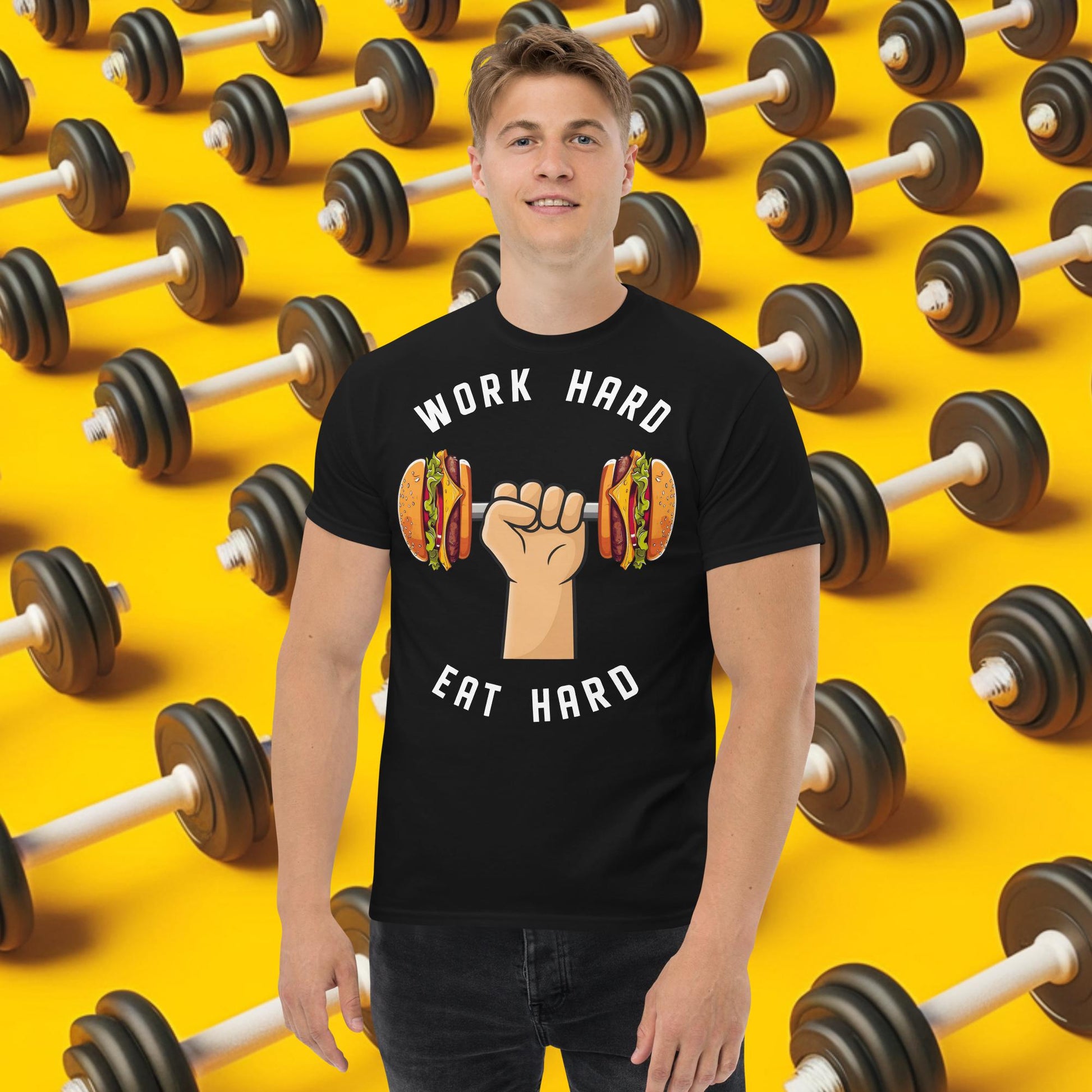 Work Hard Eat Hard Funny Bulk Diet Gym Workout Fitness Bodybuilding tee Black T-shirts Bodybuilding Bulking Burgers Fast Food Fitness Gym Workout Next Cult Brand