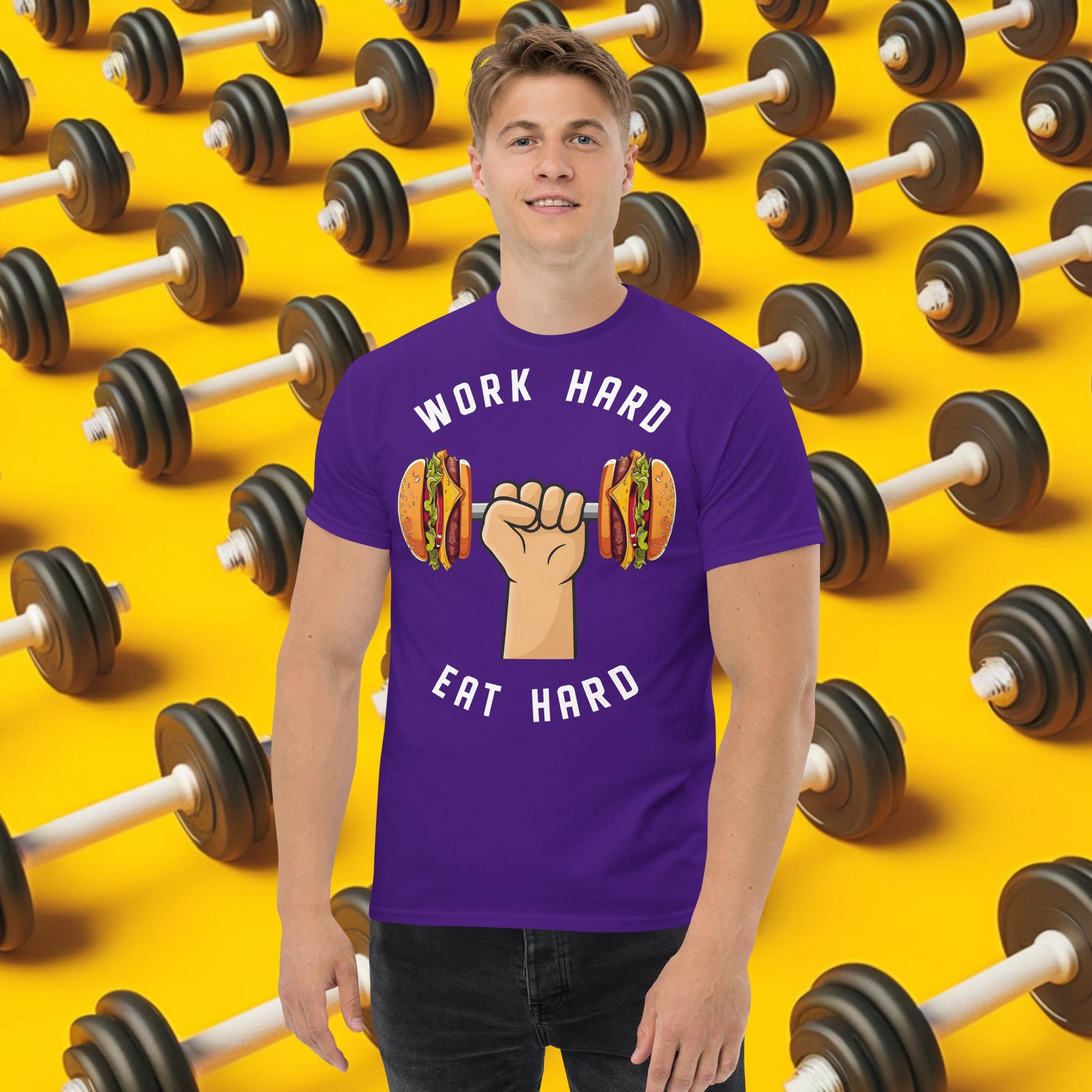 Work Hard Eat Hard Funny Bulk Diet Gym Workout Fitness Bodybuilding tee Purple T-shirts Bodybuilding Bulking Burgers Fast Food Fitness Gym Workout Next Cult Brand