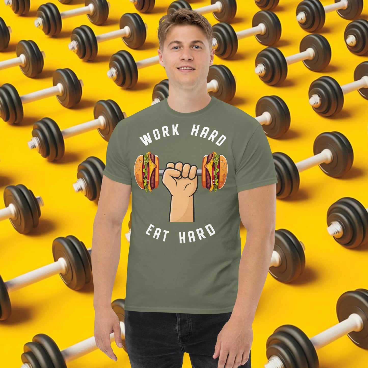 Work Hard Eat Hard Funny Bulk Diet Gym Workout Fitness Bodybuilding tee Military Green T-shirts Bodybuilding Bulking Burgers Fast Food Fitness Gym Workout Next Cult Brand