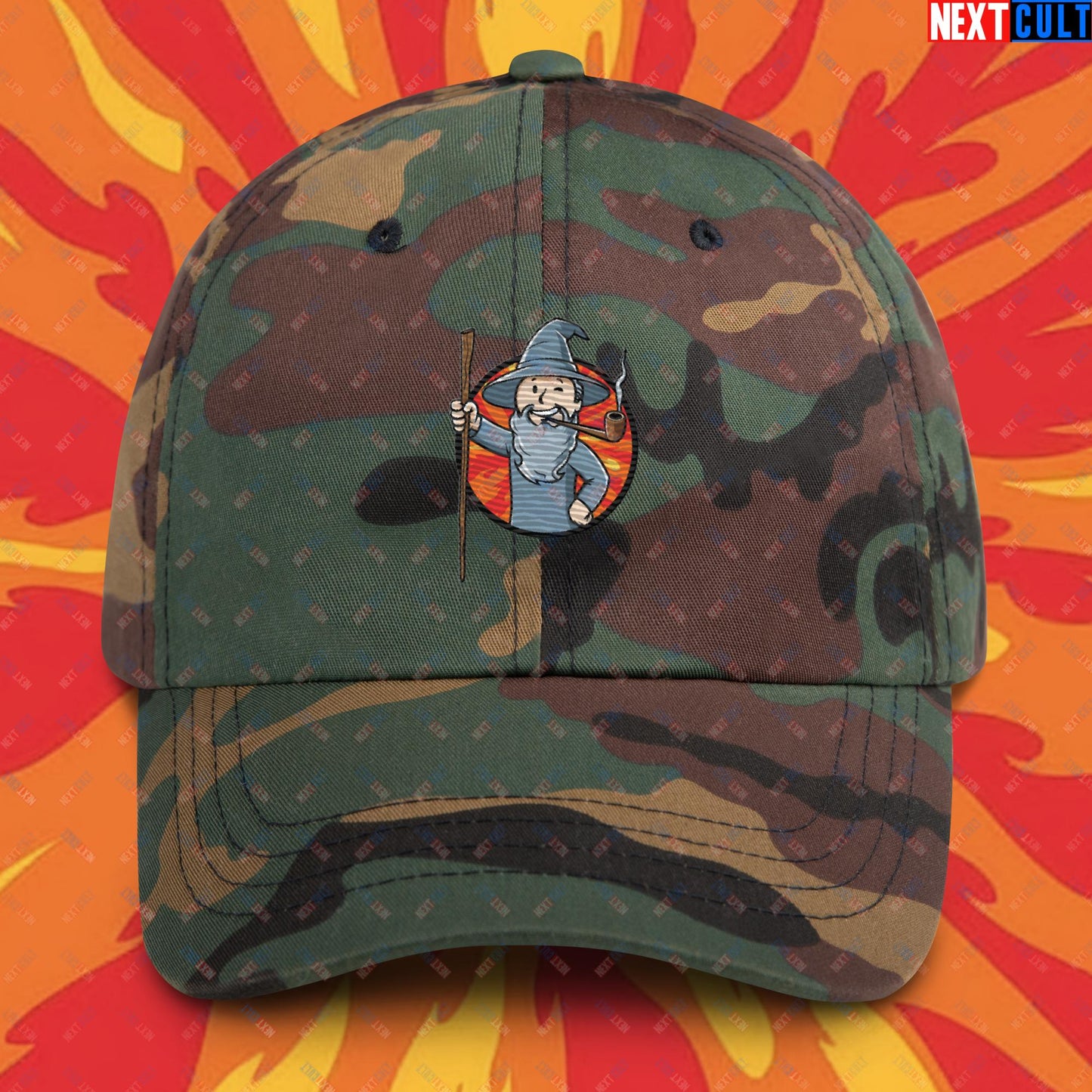 You Shall Not Pass Gandalf Vault Boy Fallout Funny Meme Cartoon Mashup Dad hat Green Camo Hats Fallout Gandalf Lord of the Rings Movies Vault Boy Next Cult Brand