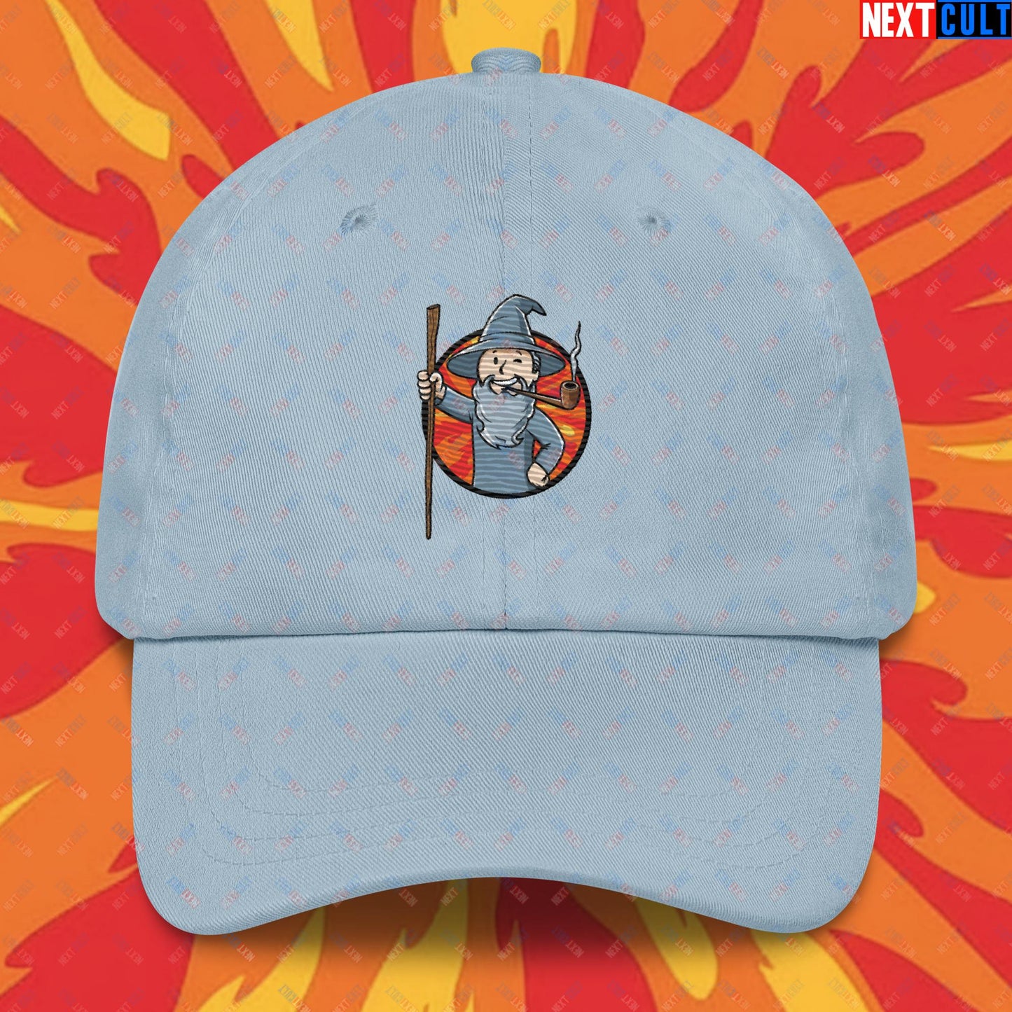 You Shall Not Pass Gandalf Vault Boy Fallout Funny Meme Cartoon Mashup Dad hat Light Blue Hats Fallout Gandalf Lord of the Rings Movies Vault Boy Next Cult Brand