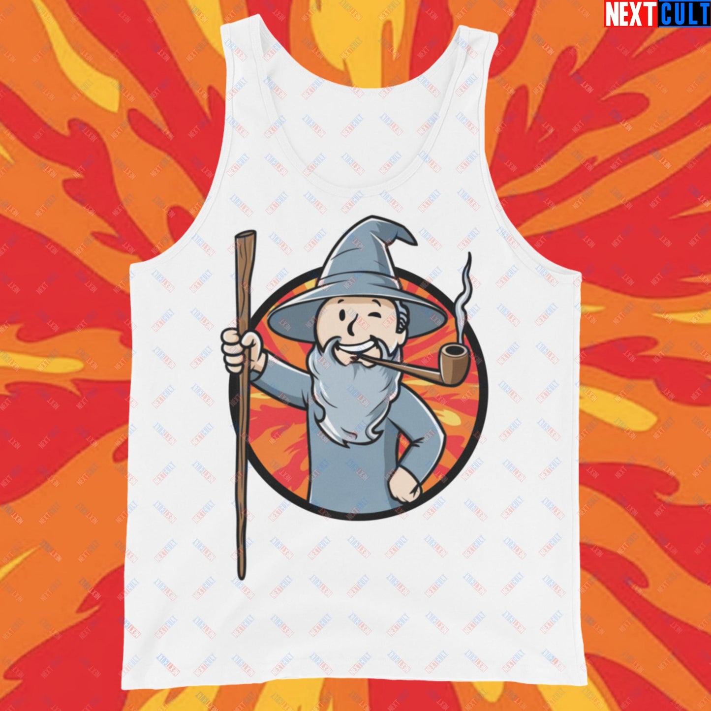 You Shall Not Pass Gandalf Vault Boy Fallout Funny Meme Cartoon Mashup Tank Top White Tank Tops Fallout Gandalf Lord of the Rings Movies Vault Boy Next Cult Brand