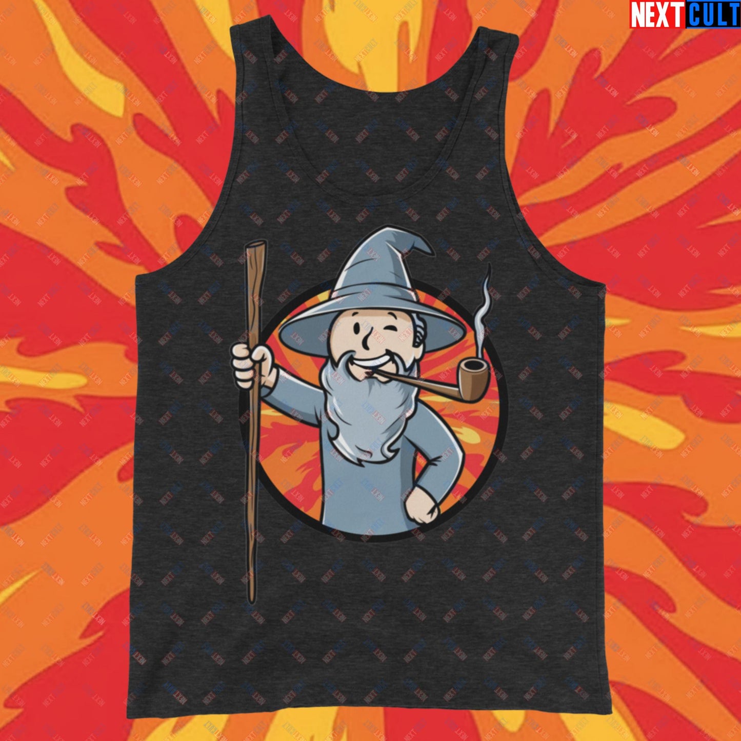 You Shall Not Pass Gandalf Vault Boy Fallout Funny Meme Cartoon Mashup Tank Top Charcoal-Black Triblend Tank Tops Fallout Gandalf Lord of the Rings Movies Vault Boy Next Cult Brand