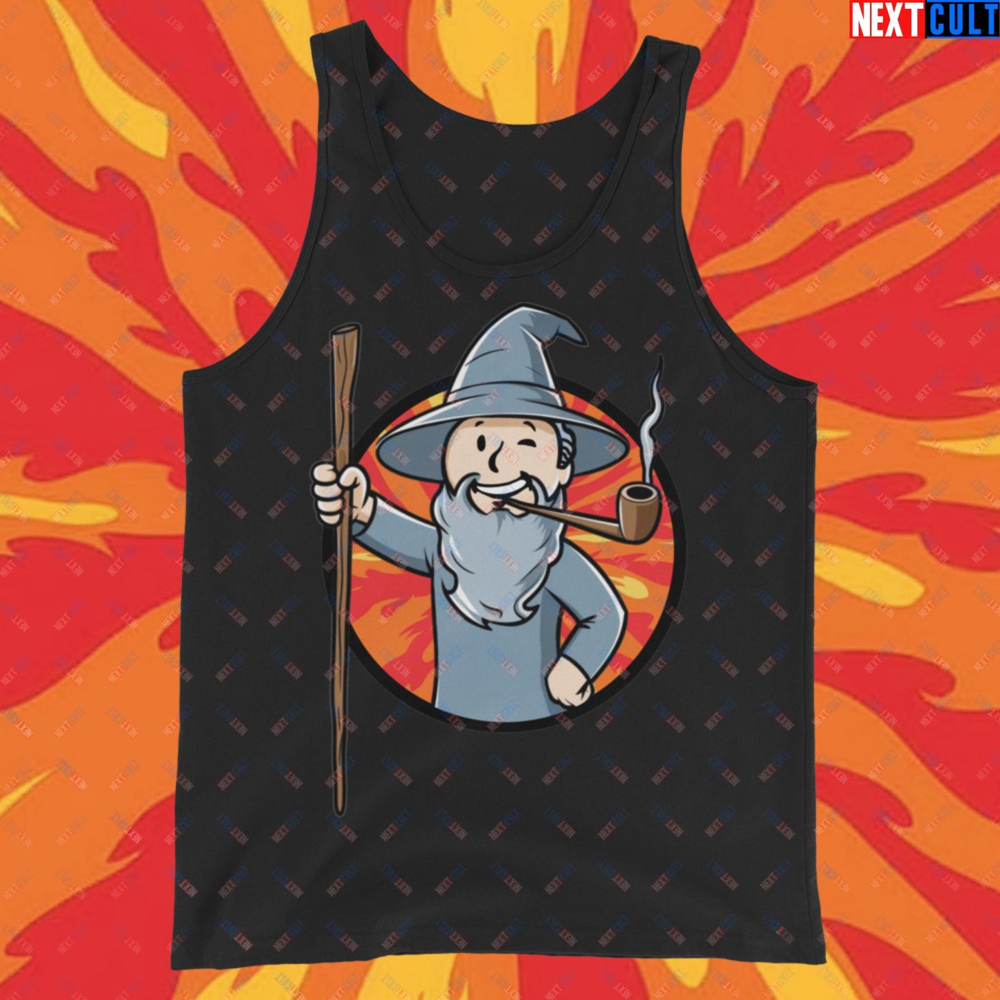 You Shall Not Pass Gandalf Vault Boy Fallout Funny Meme Cartoon Mashup Tank Top Black Tank Tops Fallout Gandalf Lord of the Rings Movies Vault Boy Next Cult Brand