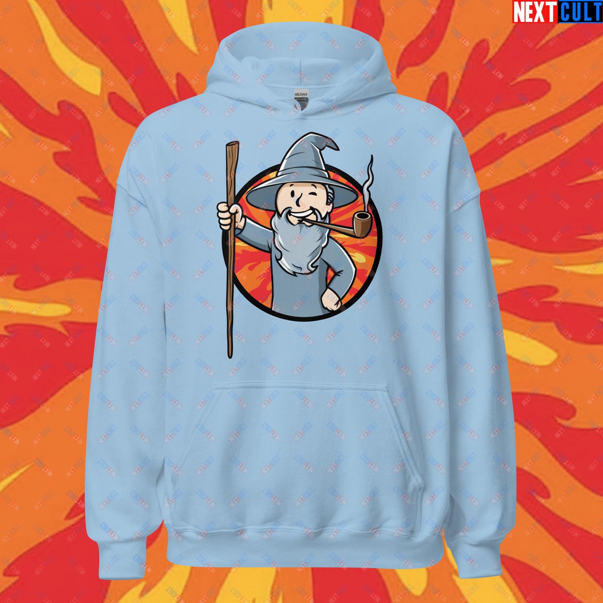 You Shall Not Pass Gandalf Vault Boy Fallout Funny Meme Cartoon Mashup Unisex Hoodie Light Blue Hoodies Fallout Gandalf Lord of the Rings Movies Vault Boy Next Cult Brand