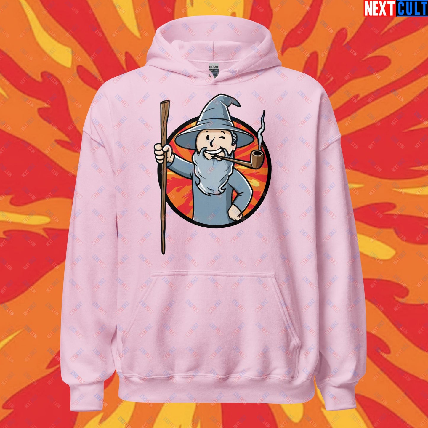 You Shall Not Pass Gandalf Vault Boy Fallout Funny Meme Cartoon Mashup Unisex Hoodie Light Pink Hoodies Fallout Gandalf Lord of the Rings Movies Vault Boy Next Cult Brand