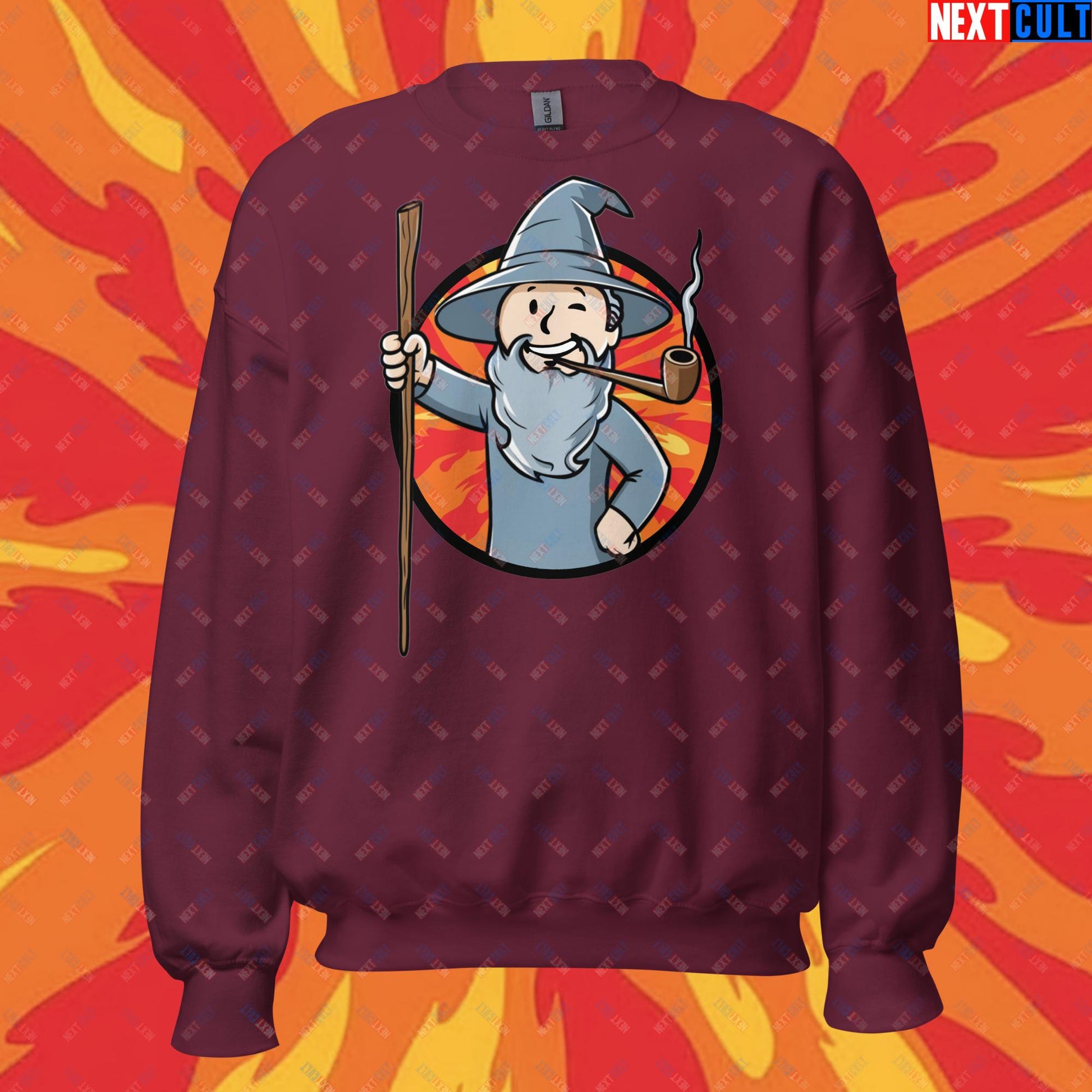 You Shall Not Pass Gandalf Vault Boy Fallout Funny Meme Cartoon Mashup Unisex Sweatshirt Maroon Sweatshirts Fallout Gandalf Lord of the Rings Movies Vault Boy Next Cult Brand