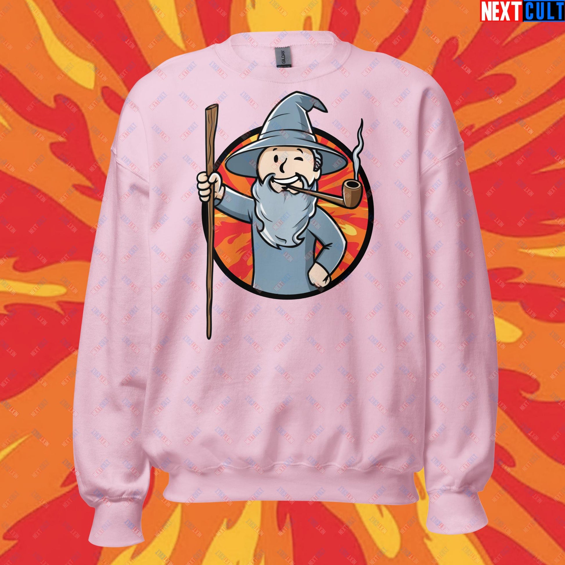 You Shall Not Pass Gandalf Vault Boy Fallout Funny Meme Cartoon Mashup Unisex Sweatshirt Light Pink Sweatshirts Fallout Gandalf Lord of the Rings Movies Vault Boy Next Cult Brand