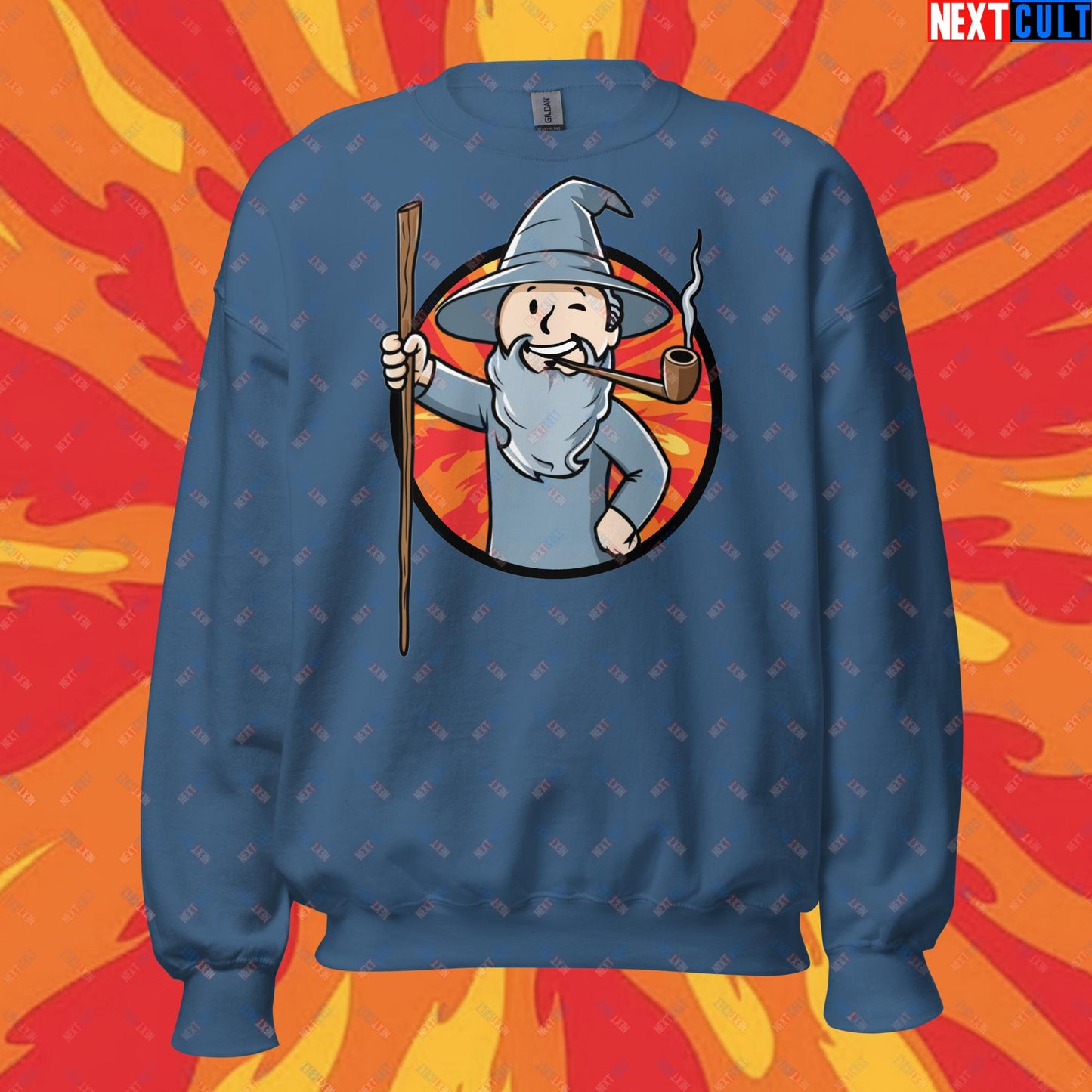 You Shall Not Pass Gandalf Vault Boy Fallout Funny Meme Cartoon Mashup Unisex Sweatshirt Indigo Blue Sweatshirts Fallout Gandalf Lord of the Rings Movies Vault Boy Next Cult Brand