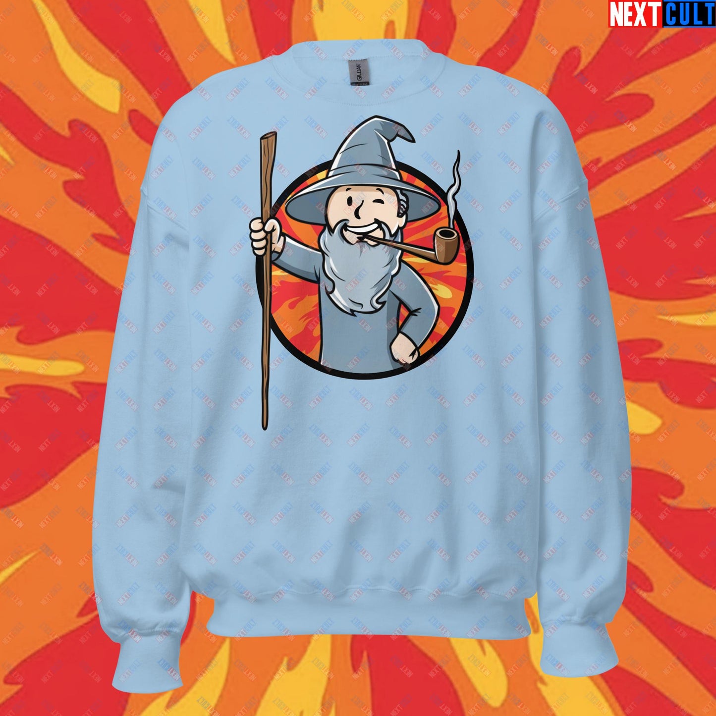 You Shall Not Pass Gandalf Vault Boy Fallout Funny Meme Cartoon Mashup Unisex Sweatshirt Light Blue Sweatshirts Fallout Gandalf Lord of the Rings Movies Vault Boy Next Cult Brand