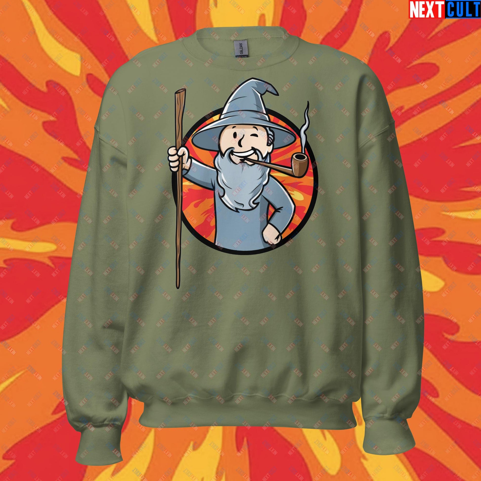 You Shall Not Pass Gandalf Vault Boy Fallout Funny Meme Cartoon Mashup Unisex Sweatshirt Military Green Sweatshirts Fallout Gandalf Lord of the Rings Movies Vault Boy Next Cult Brand