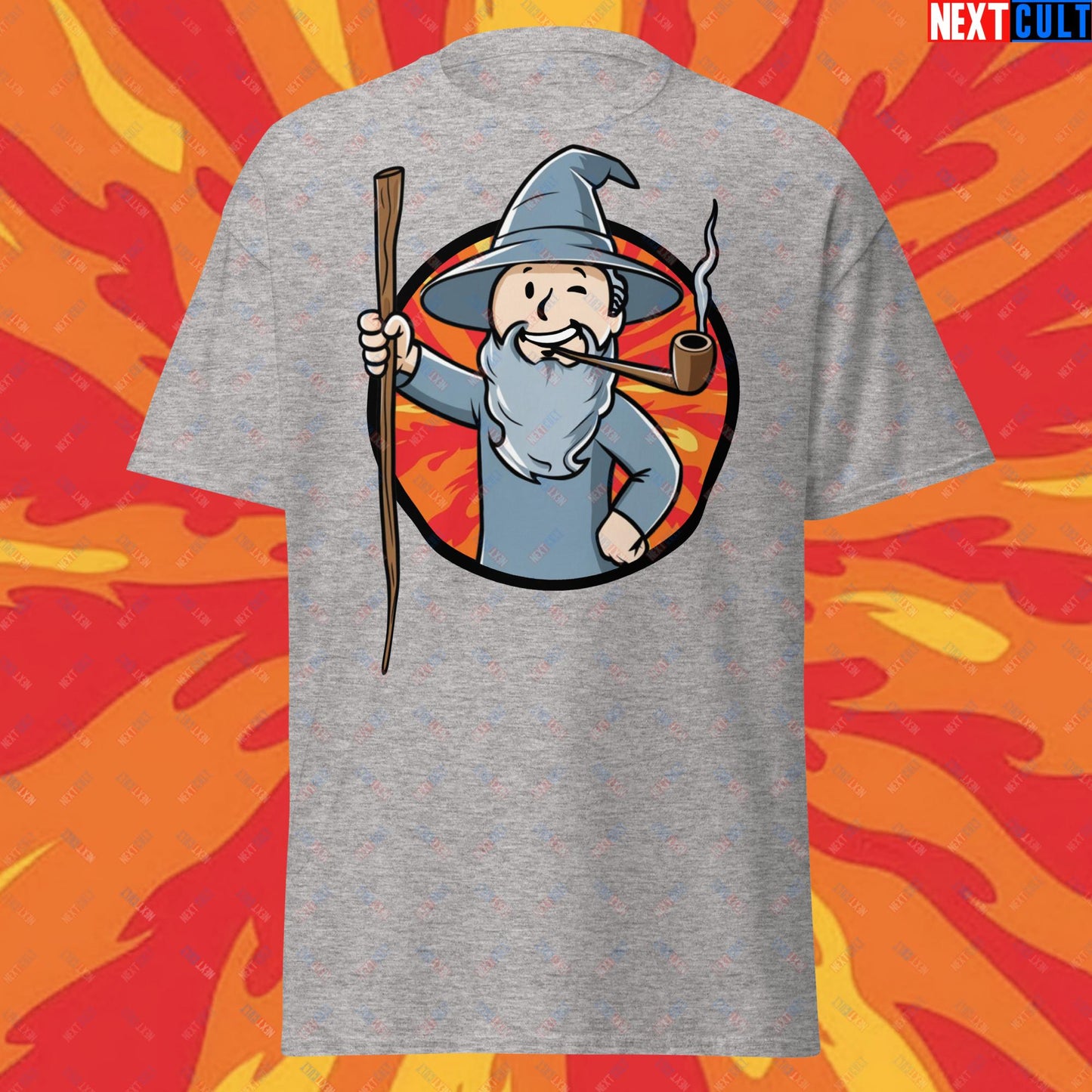 You Shall Not Pass Gandalf Vault Boy Fallout Funny Meme Cartoon Mashup Unisex tee Sport Grey T-shirts Fallout Gandalf Lord of the Rings Movies Vault Boy Next Cult Brand