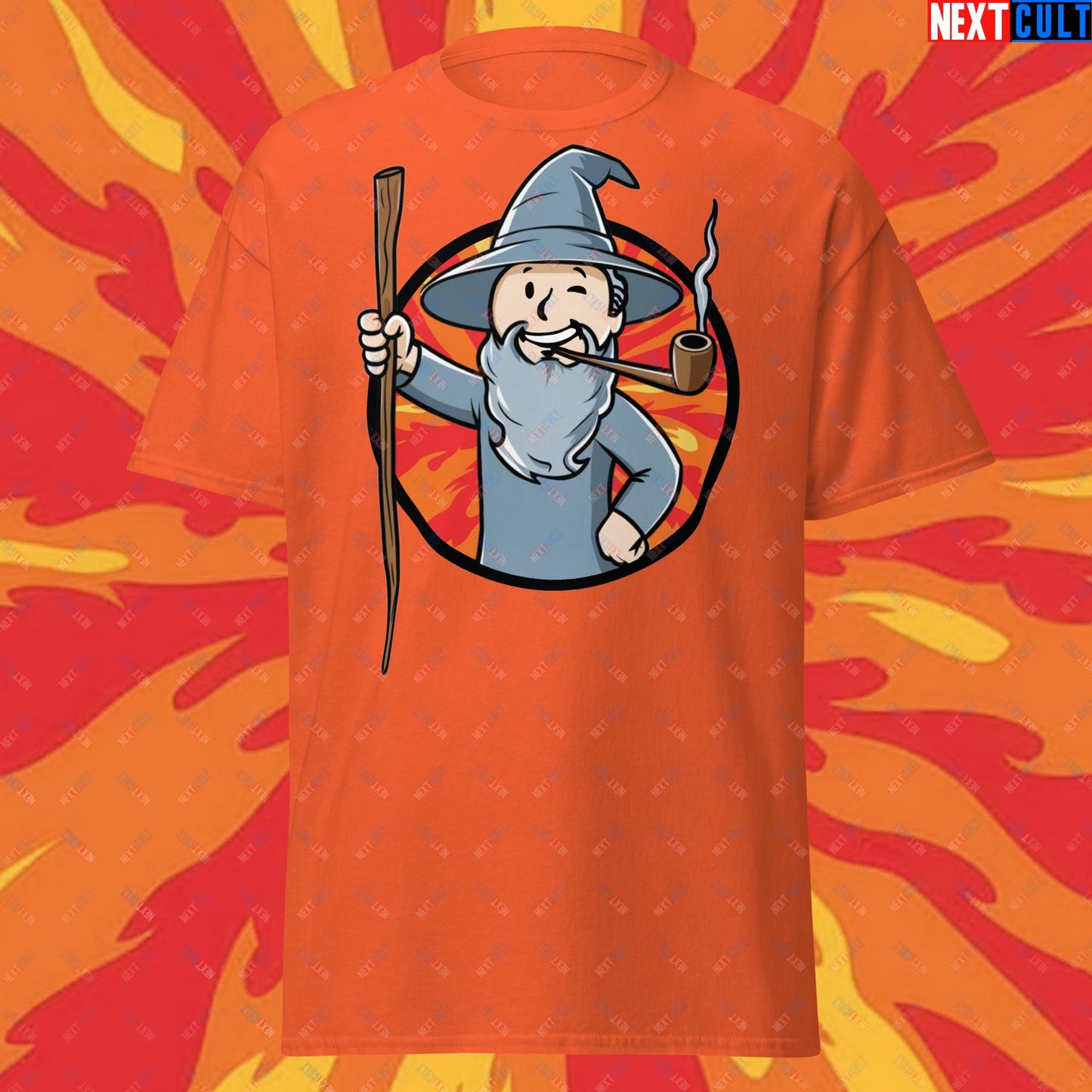 You Shall Not Pass Gandalf Vault Boy Fallout Funny Meme Cartoon Mashup Unisex tee Orange T-shirts Fallout Gandalf Lord of the Rings Movies Vault Boy Next Cult Brand