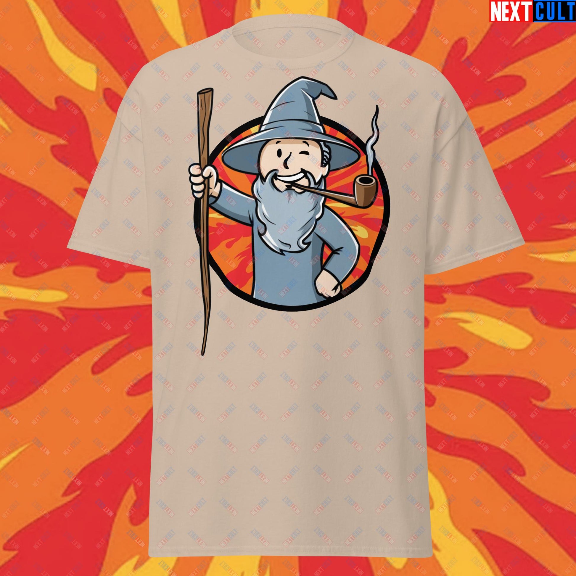 You Shall Not Pass Gandalf Vault Boy Fallout Funny Meme Cartoon Mashup Unisex tee Sand T-shirts Fallout Gandalf Lord of the Rings Movies Vault Boy Next Cult Brand