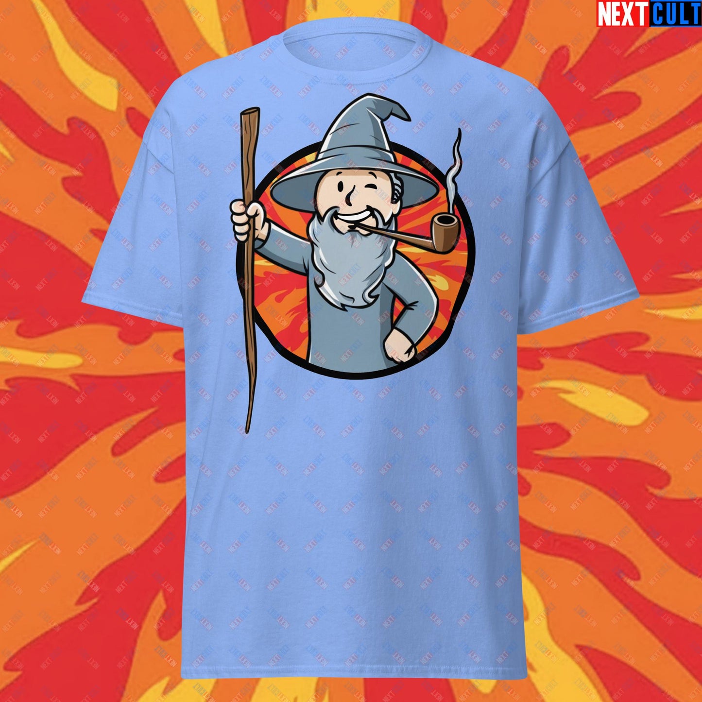 You Shall Not Pass Gandalf Vault Boy Fallout Funny Meme Cartoon Mashup Unisex tee Carolina Blue T-shirts Fallout Gandalf Lord of the Rings Movies Vault Boy Next Cult Brand