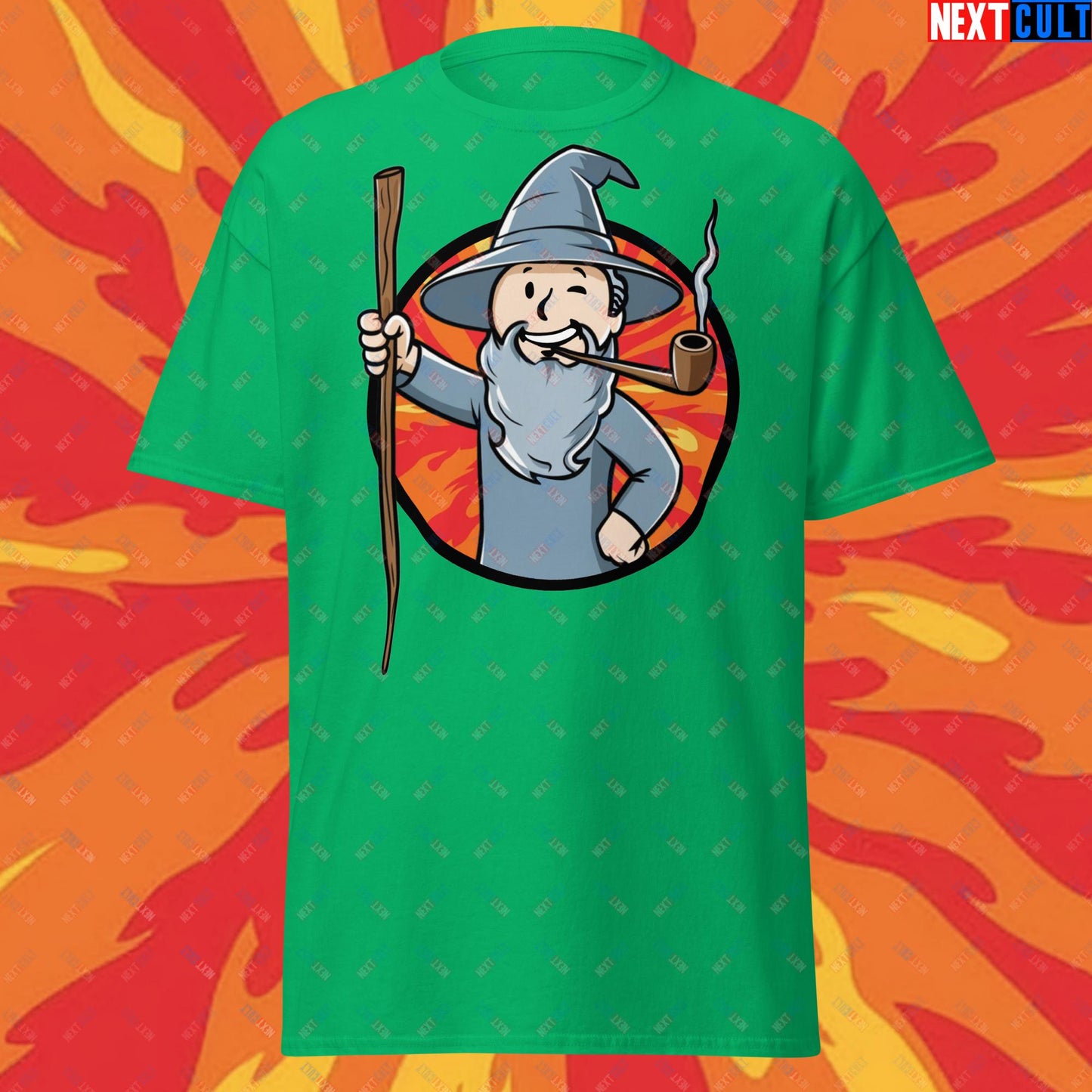 You Shall Not Pass Gandalf Vault Boy Fallout Funny Meme Cartoon Mashup Unisex tee Irish Green T-shirts Fallout Gandalf Lord of the Rings Movies Vault Boy Next Cult Brand