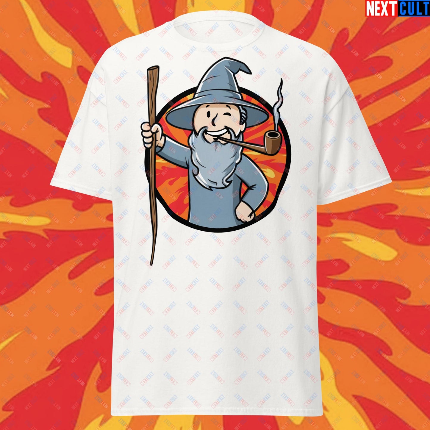 You Shall Not Pass Gandalf Vault Boy Fallout Funny Meme Cartoon Mashup Unisex tee White T-shirts Fallout Gandalf Lord of the Rings Movies Vault Boy Next Cult Brand