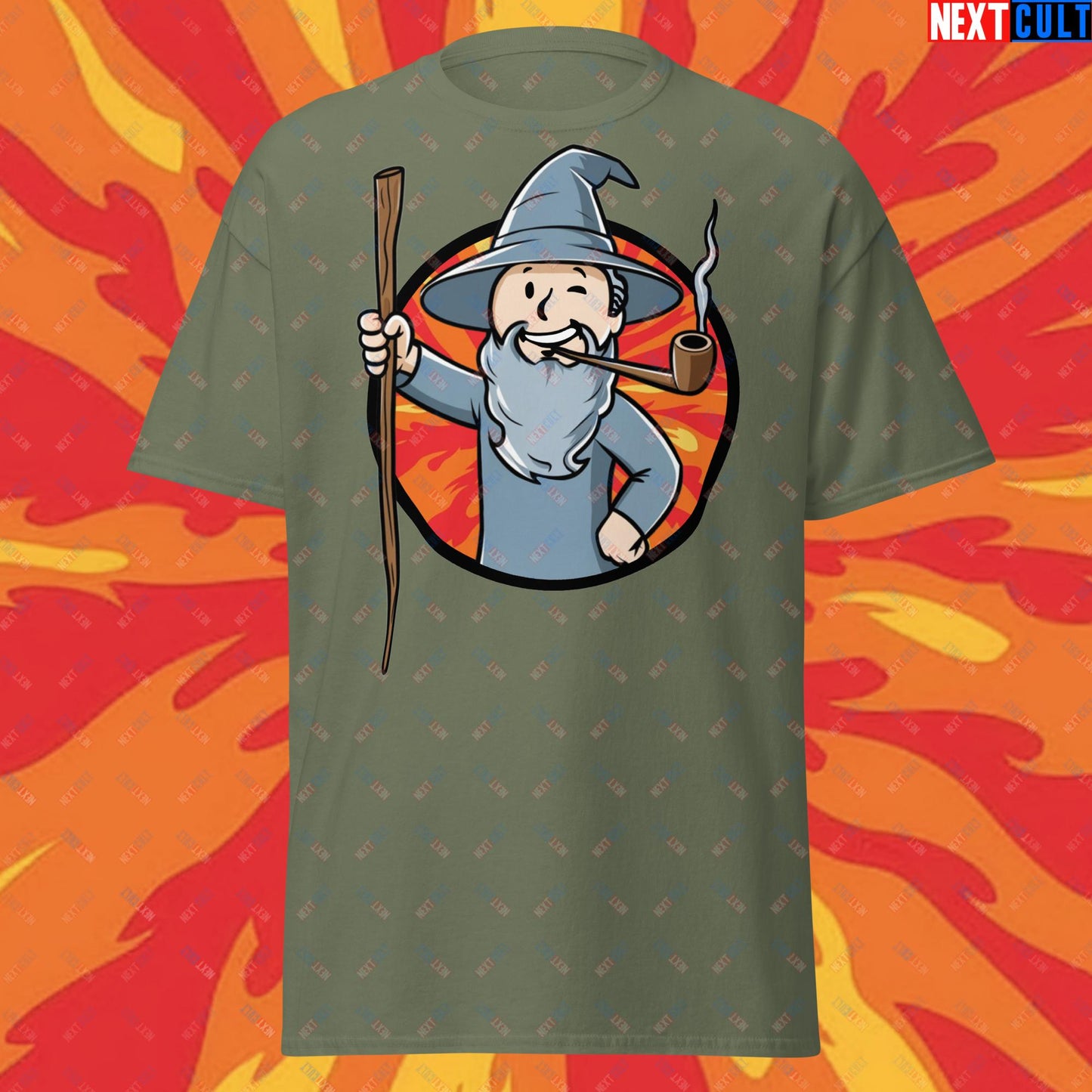 You Shall Not Pass Gandalf Vault Boy Fallout Funny Meme Cartoon Mashup Unisex tee Military Green T-shirts Fallout Gandalf Lord of the Rings Movies Vault Boy Next Cult Brand