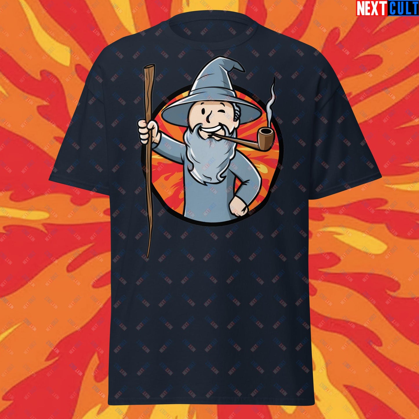 You Shall Not Pass Gandalf Vault Boy Fallout Funny Meme Cartoon Mashup Unisex tee Navy T-shirts Fallout Gandalf Lord of the Rings Movies Vault Boy Next Cult Brand