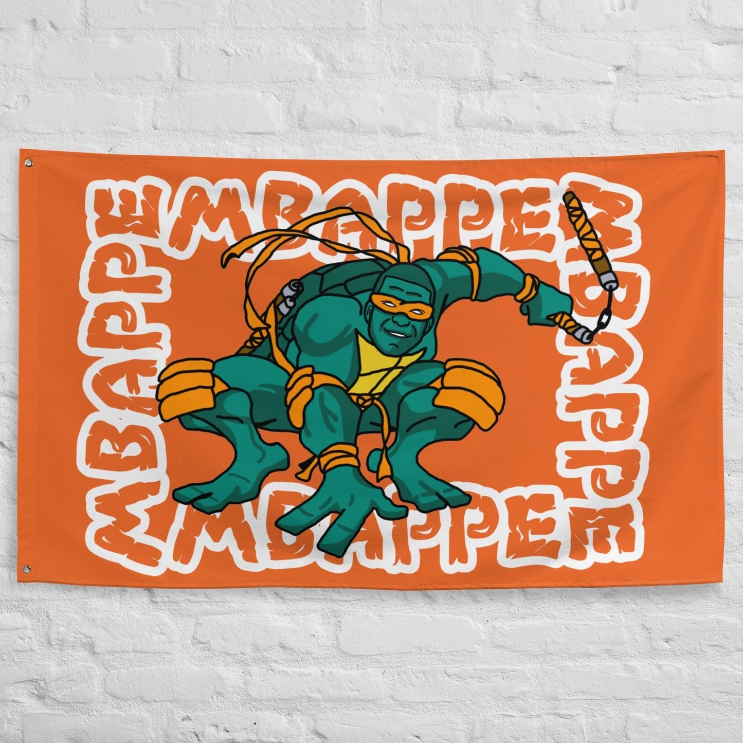 Kylian Mbappe Orange Ninja Turtle Michelangelo Flag Next Cult Brand Football, Kylian Mbappe, Michelangelo, Ninja Turtles, PSG
