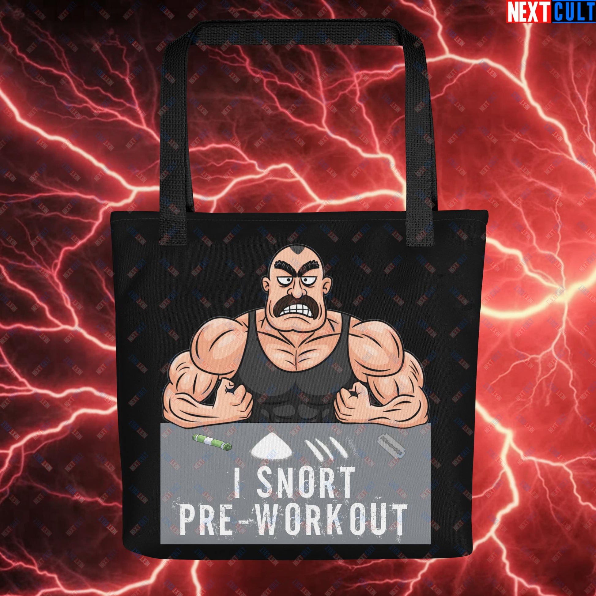 I Snort Pre-workout Gym Bro Fitness Bodybuilding Workout Weightlifting Powerlifting Funny Meme Cartoon Tote bag Default Title Bags Fitness Gym Workout Next Cult Brand