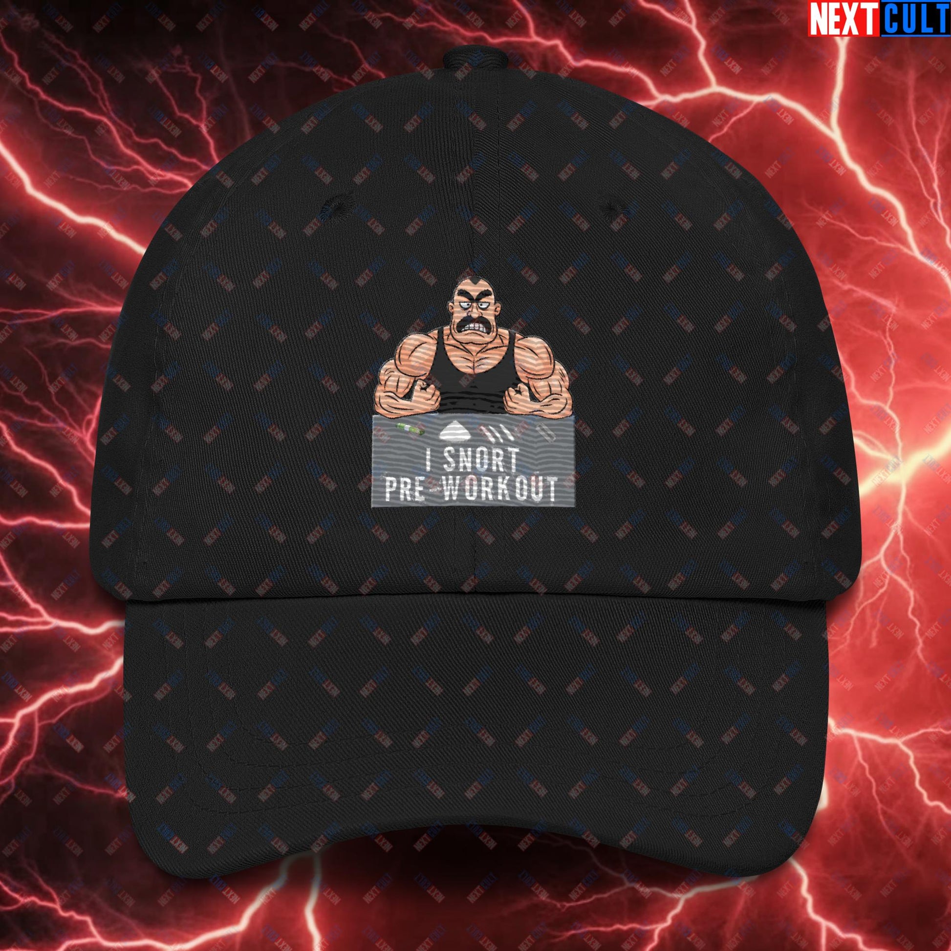 I Snort Pre-workout Gym Bro Fitness Bodybuilding Workout Weightlifting Powerlifting Funny Meme Cartoon Dad hat Black Hats Fitness Gym Workout Next Cult Brand