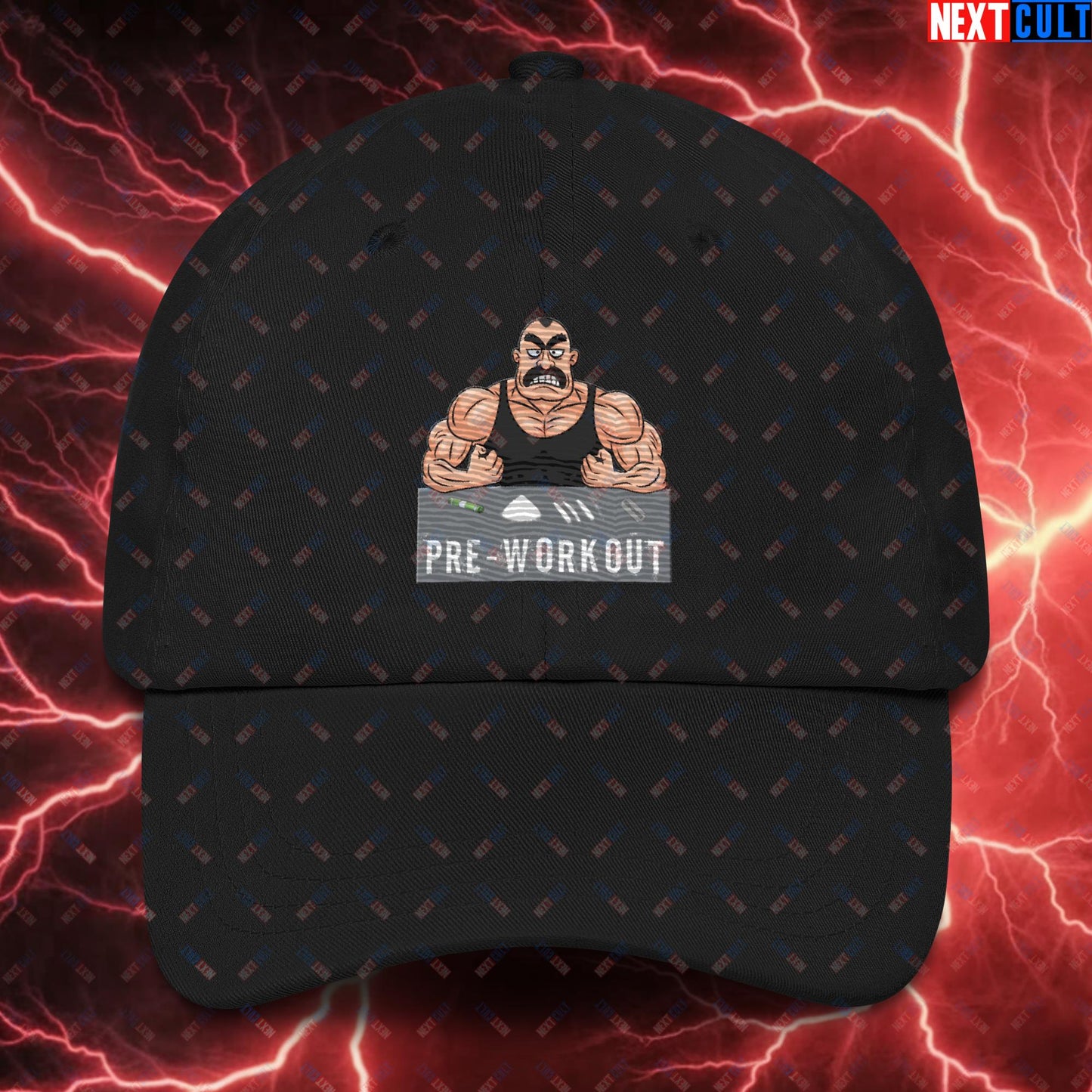 I Love Pre-workout Gym Bro Fitness Bodybuilding Workout Weightlifting Powerlifting Funny Meme Cartoon Dad hat Black Hats Fitness Gym Workout Next Cult Brand