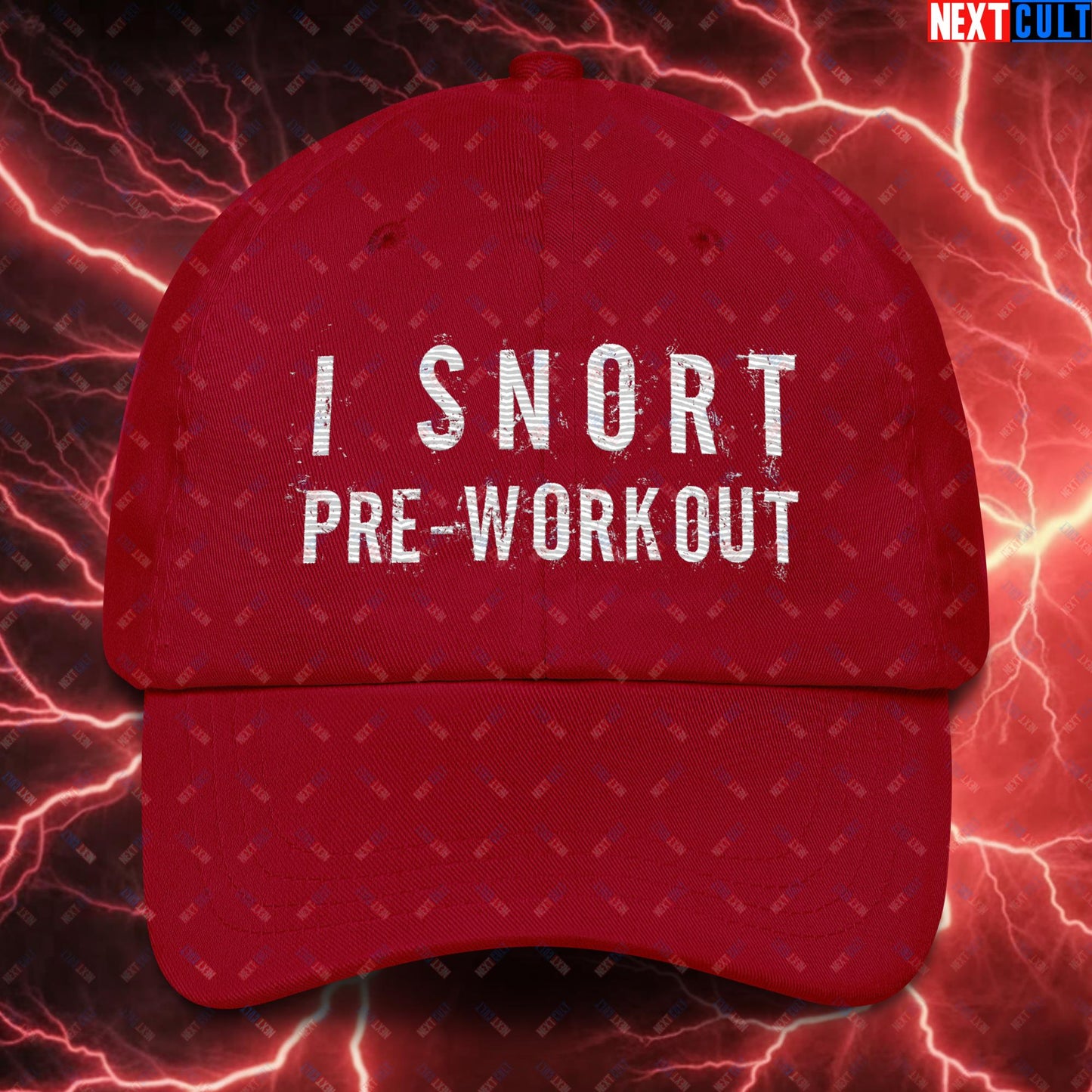 I Snort Pre-workout Gym Bro Fitness Bodybuilding Workout Weightlifting Powerlifting Funny Meme Dad hat Cranberry Hats Fitness Gym Workout Next Cult Brand