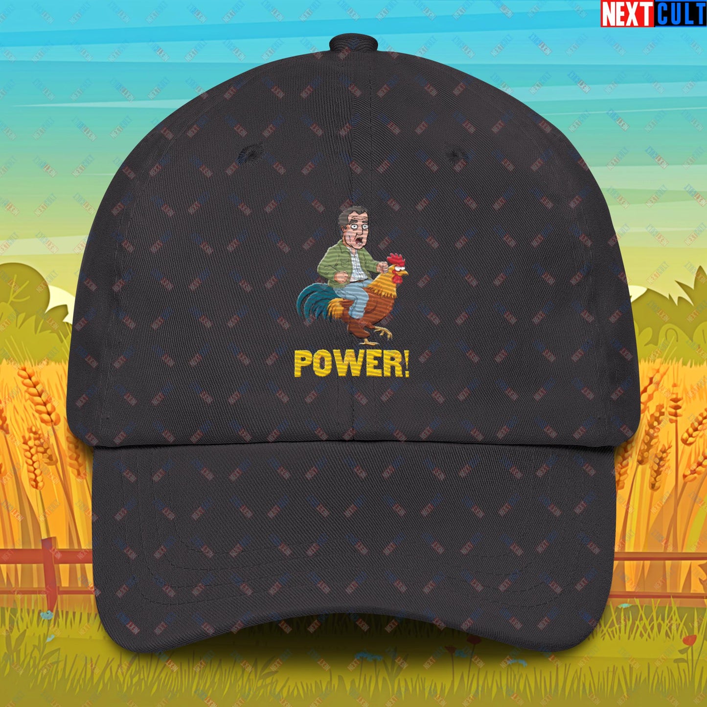 Power Rooster Chicken Farming Jeremy Clarkson's Farm Diddly Squat Grand Tour Top Gear Funny Meme Cartoon Dad hat Dark Grey Hats Clarkson's Farm Grand Tour Jeremy Clarkson Top Gear TV Shows Next Cult Brand