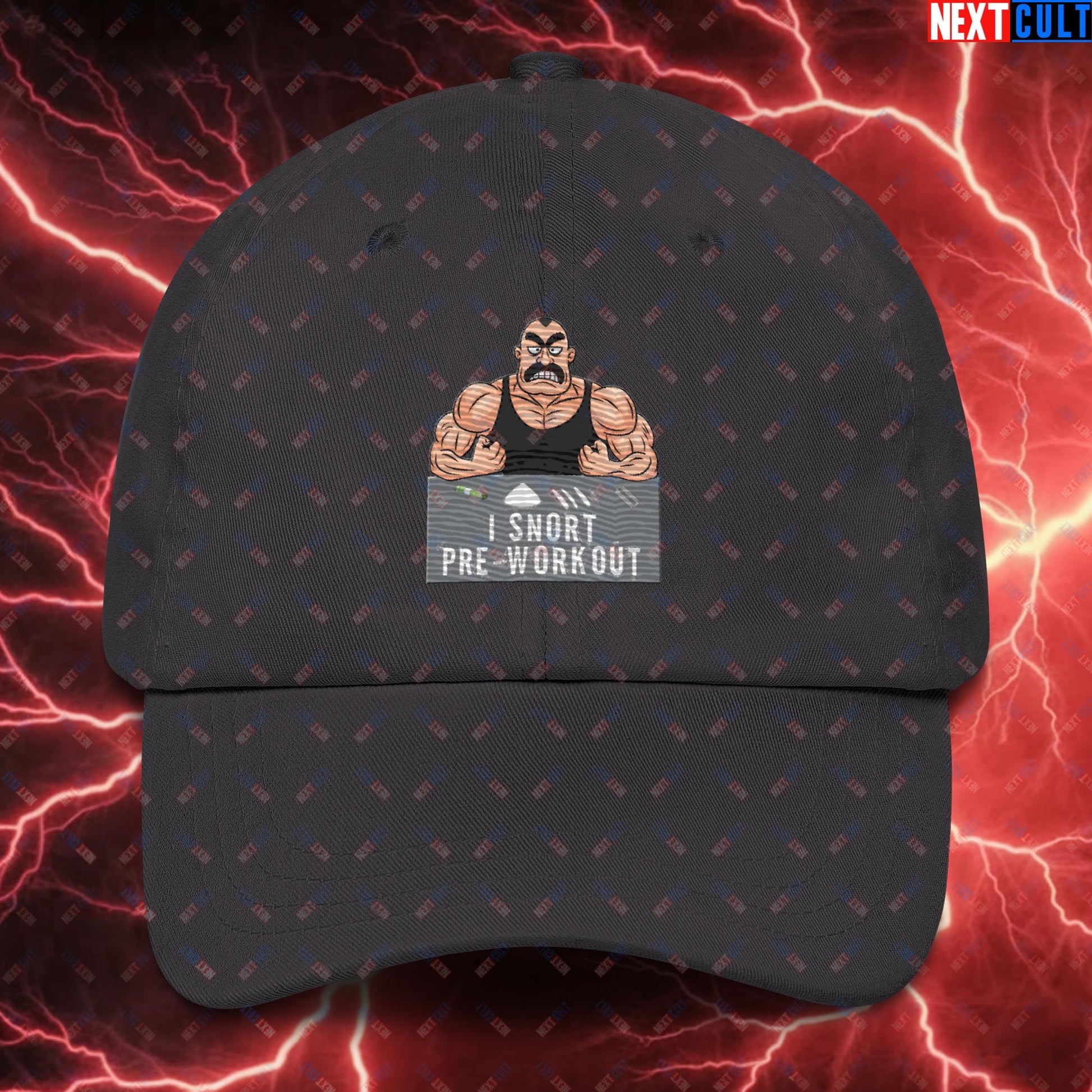 I Snort Pre-workout Gym Bro Fitness Bodybuilding Workout Weightlifting Powerlifting Funny Meme Cartoon Dad hat Dark Grey Hats Fitness Gym Workout Next Cult Brand