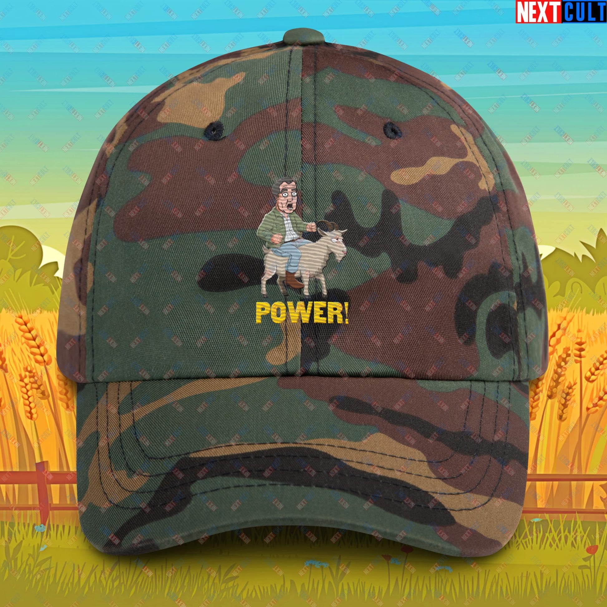 Speed and Power Goat Jeremy Clarkson's Farm Diddly Squat Grand Tour Top Gear Funny Meme Cartoon Dad hat Green Camo Hats Clarkson's Farm Grand Tour Jeremy Clarkson Top Gear TV Shows Next Cult Brand