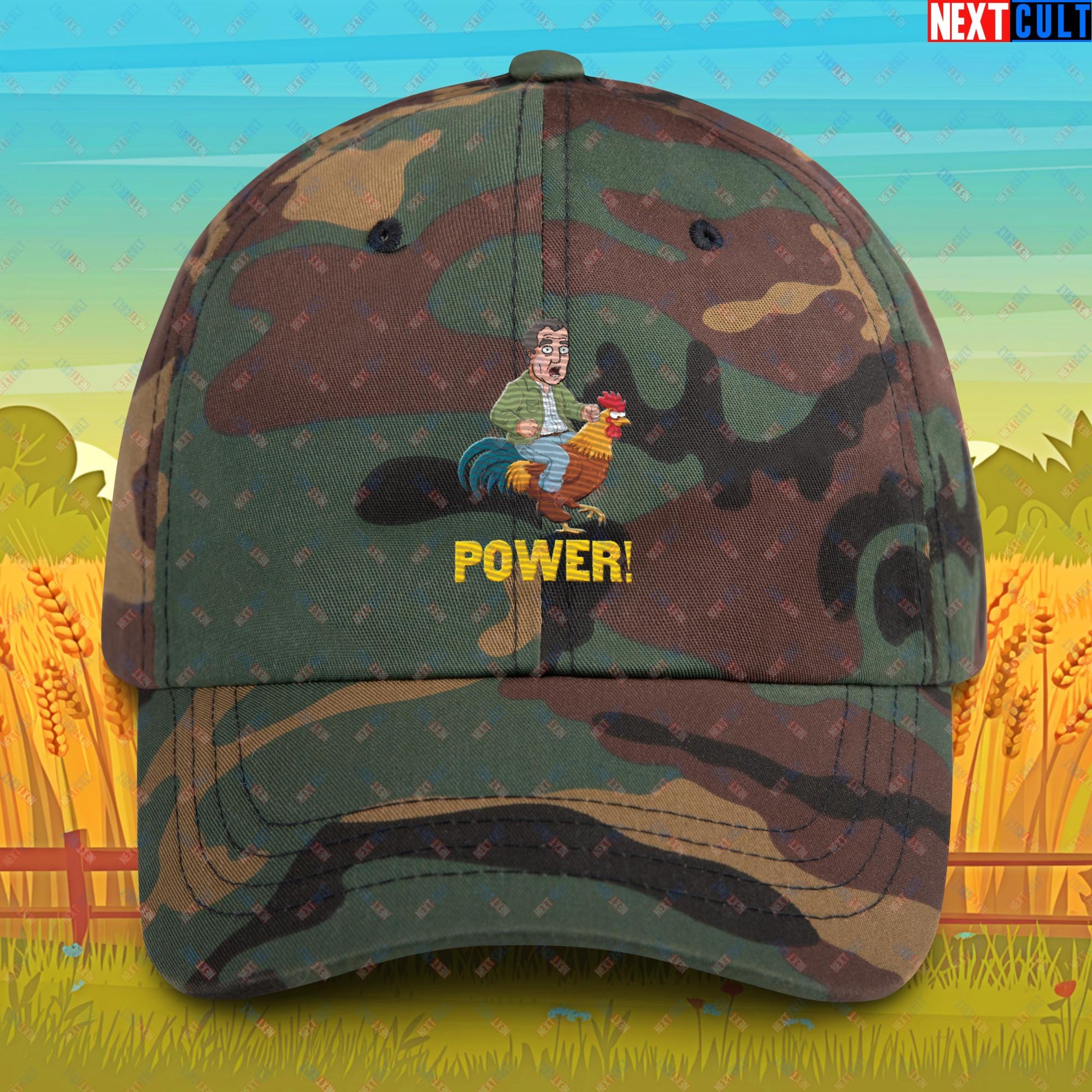 Power Rooster Chicken Farming Jeremy Clarkson's Farm Diddly Squat Grand Tour Top Gear Funny Meme Cartoon Dad hat Green Camo Hats Clarkson's Farm Grand Tour Jeremy Clarkson Top Gear TV Shows Next Cult Brand