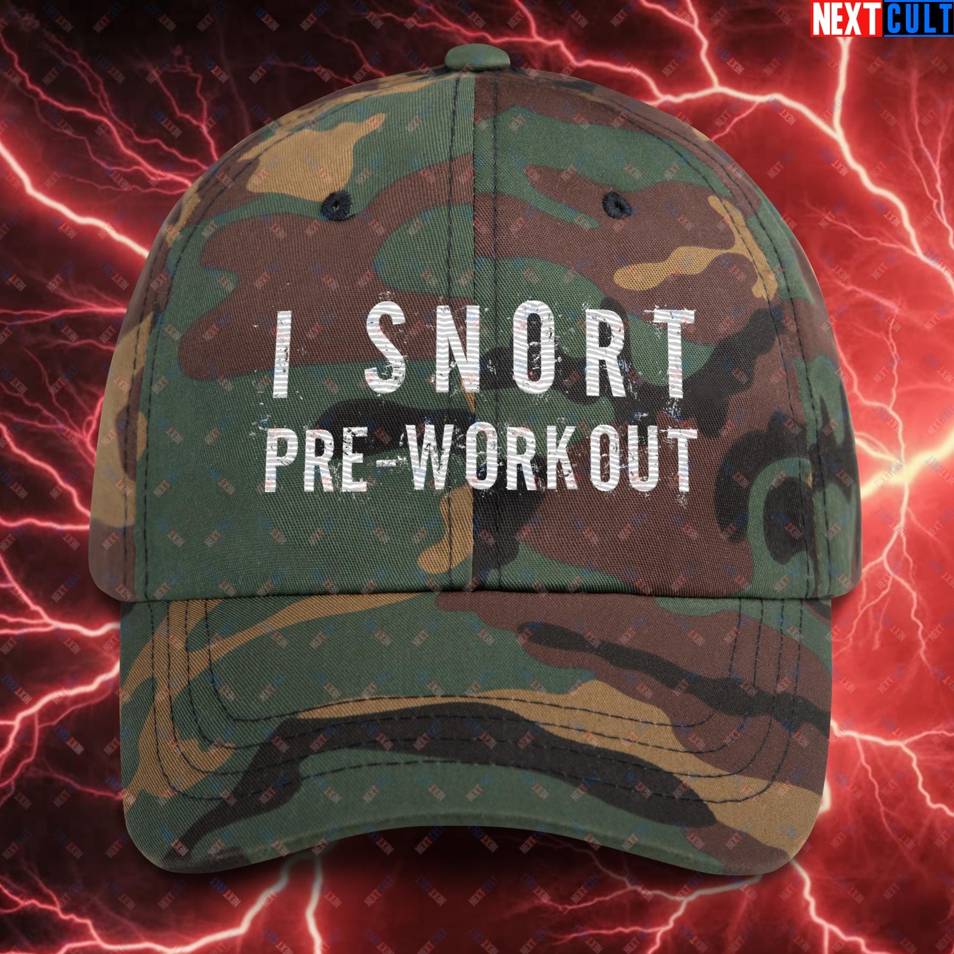 I Snort Pre-workout Gym Bro Fitness Bodybuilding Workout Weightlifting Powerlifting Funny Meme Dad hat Green Camo Hats Fitness Gym Workout Next Cult Brand