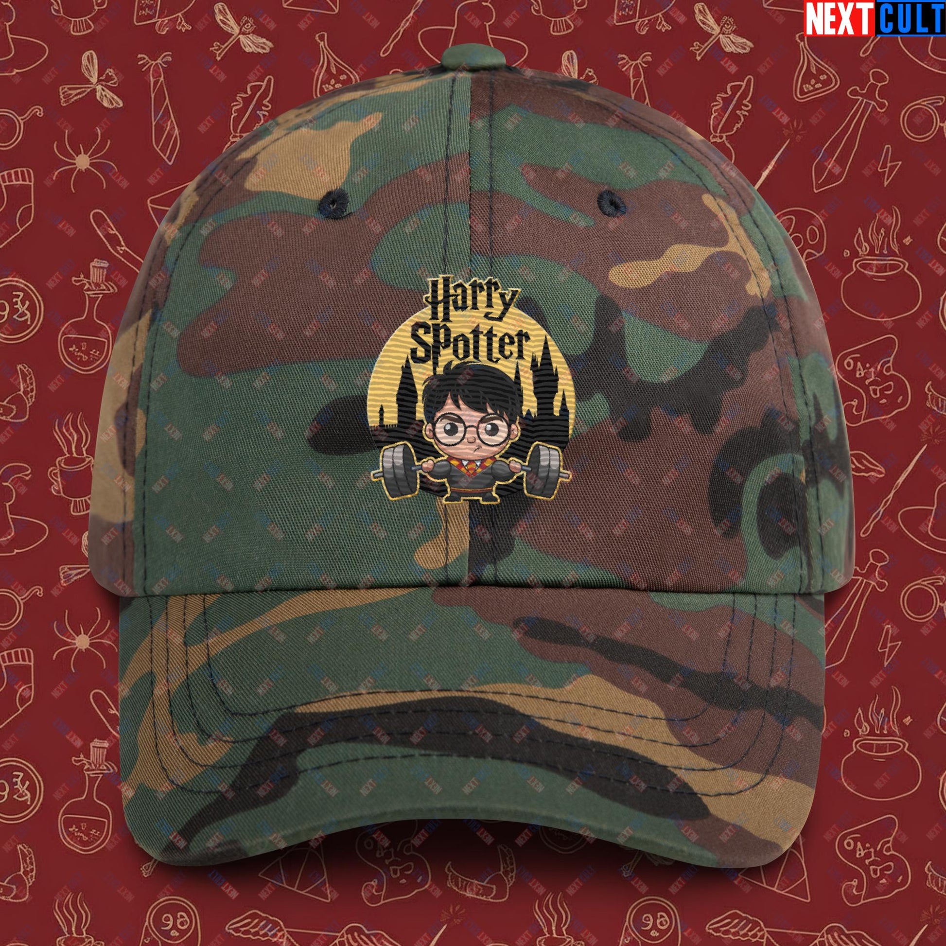 Harry Spotter Funny Gym Meme Weightlifting Bodybuilding Fitness Workout Dad hat Green Camo Hats Fitness Gym Workout Next Cult Brand