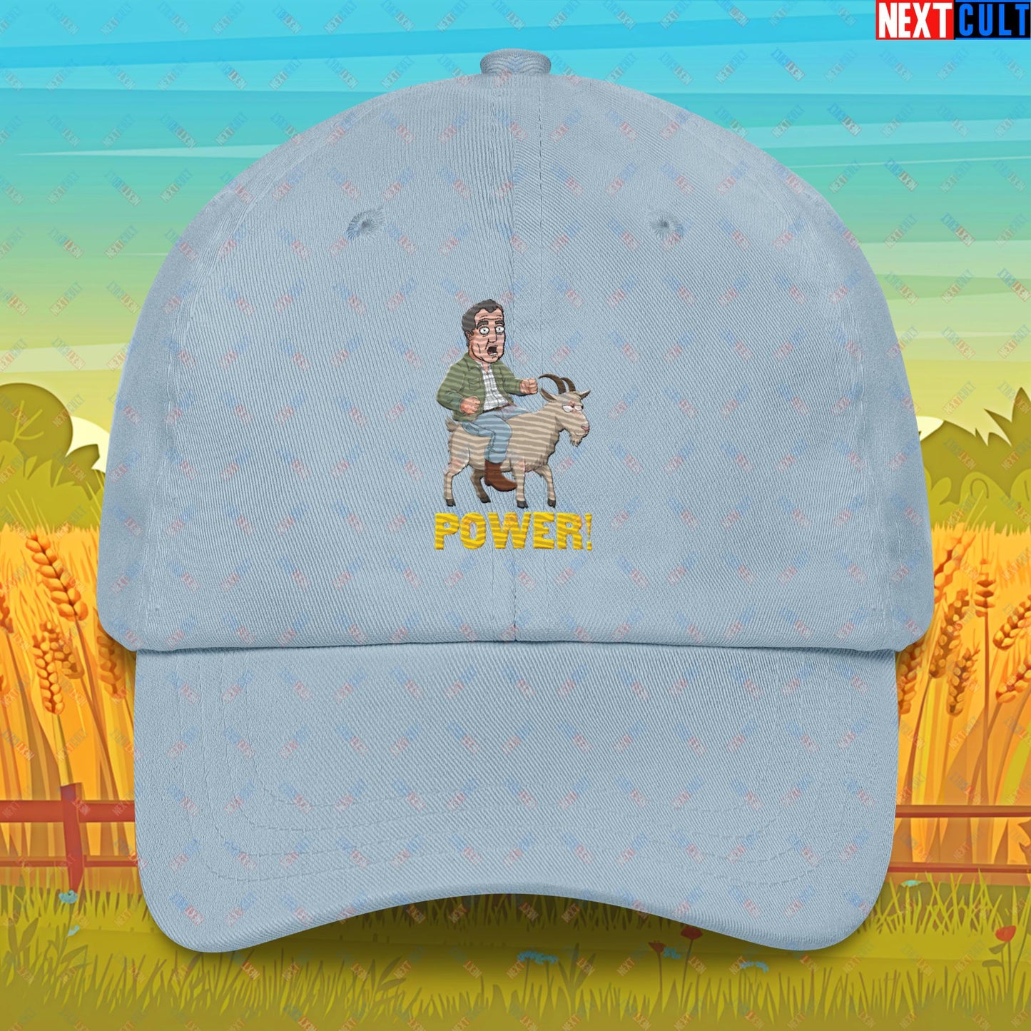 Speed and Power Goat Jeremy Clarkson's Farm Diddly Squat Grand Tour Top Gear Funny Meme Cartoon Dad hat Light Blue Hats Clarkson's Farm Grand Tour Jeremy Clarkson Top Gear TV Shows Next Cult Brand