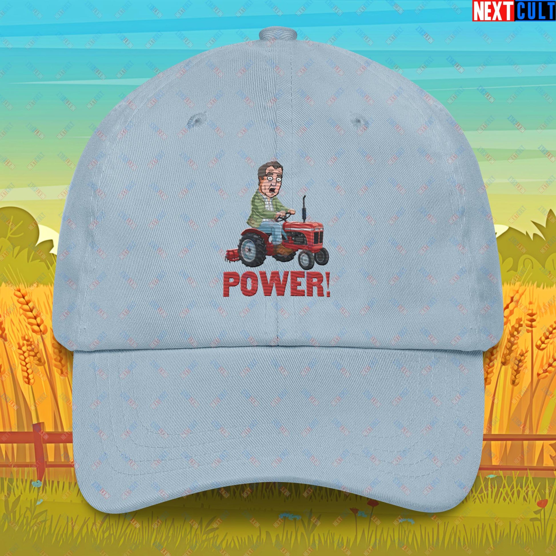 Speed and Power Tractor Jeremy Clarkson's Farm Diddly Squat Grand Tour Top Gear Funny Meme Cartoon Dad hat Light Blue Hats Clarkson's Farm Grand Tour Jeremy Clarkson Top Gear TV Shows Next Cult Brand