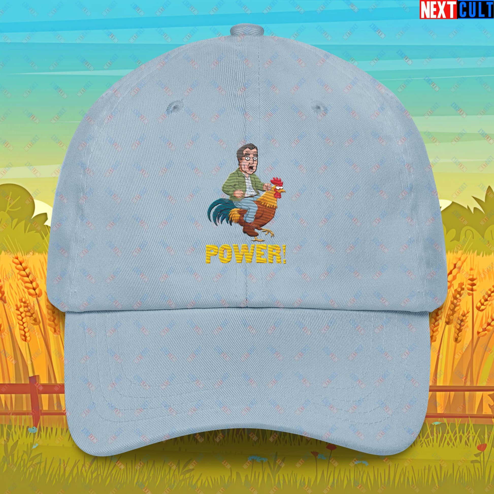 Power Rooster Chicken Farming Jeremy Clarkson's Farm Diddly Squat Grand Tour Top Gear Funny Meme Cartoon Dad hat Light Blue Hats Clarkson's Farm Grand Tour Jeremy Clarkson Top Gear TV Shows Next Cult Brand