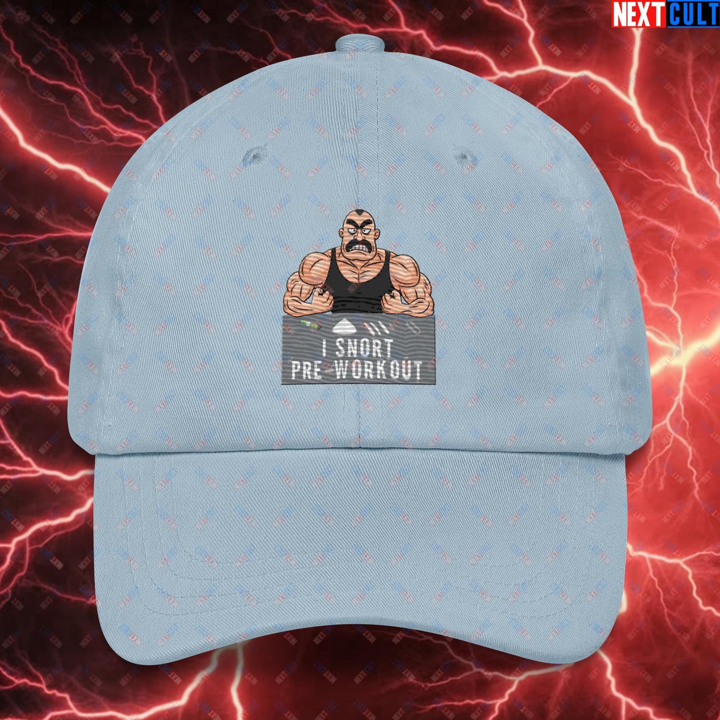 I Snort Pre-workout Gym Bro Fitness Bodybuilding Workout Weightlifting Powerlifting Funny Meme Cartoon Dad hat Light Blue Hats Fitness Gym Workout Next Cult Brand