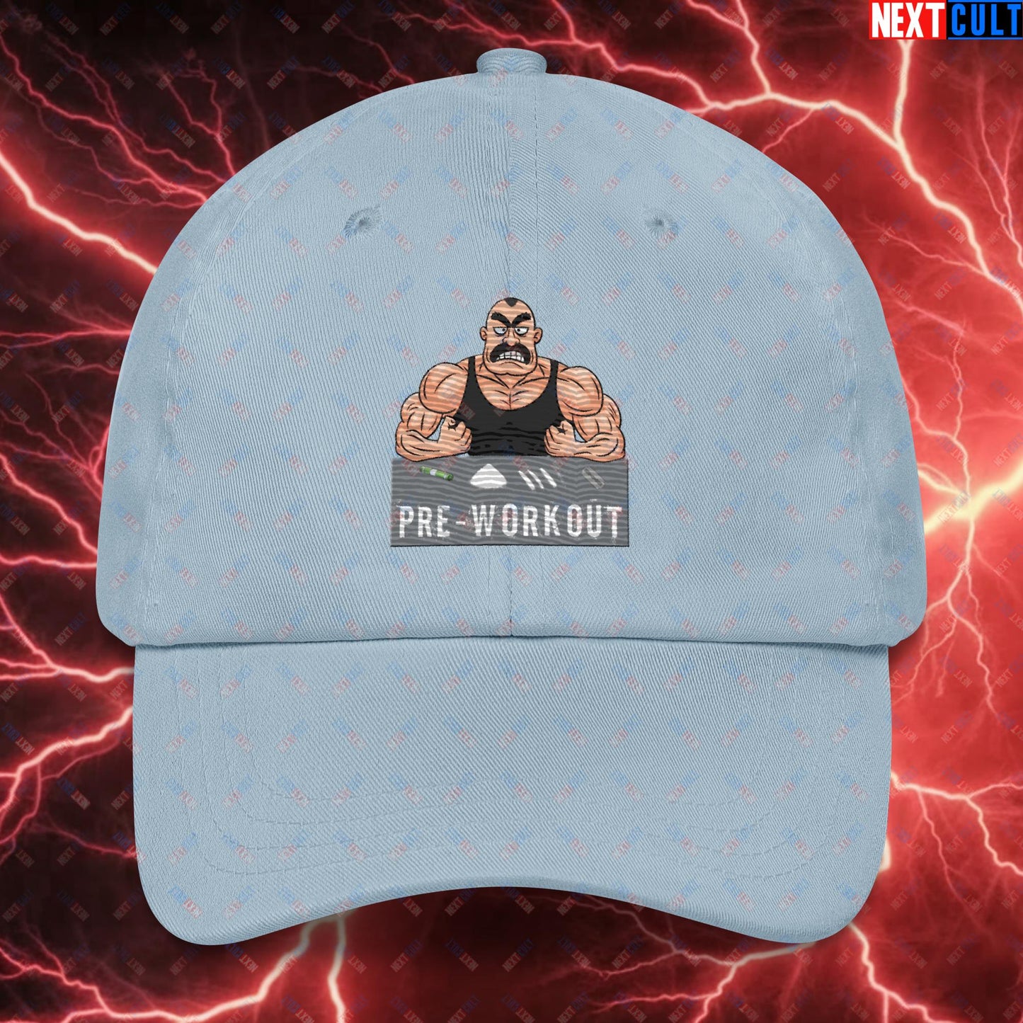 I Love Pre-workout Gym Bro Fitness Bodybuilding Workout Weightlifting Powerlifting Funny Meme Cartoon Dad hat Light Blue Hats Fitness Gym Workout Next Cult Brand